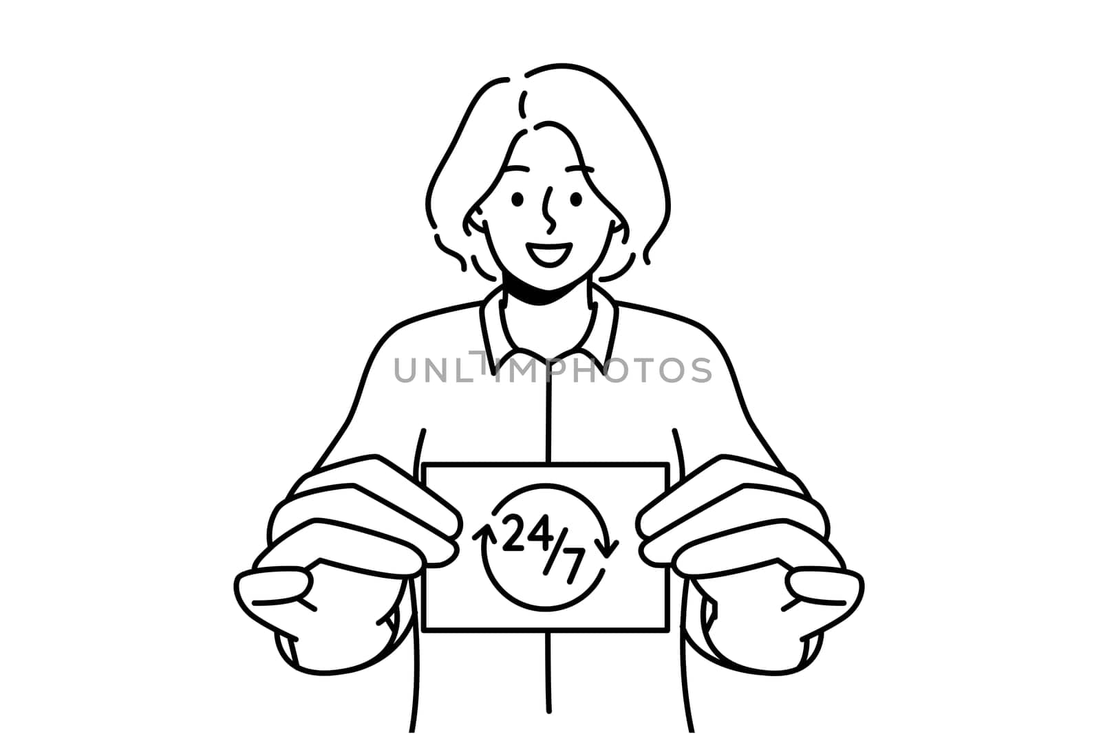 Smiling woman holding business card showing 24 7 service. Happy female present card with all day assistance or aid. Vector illustration.