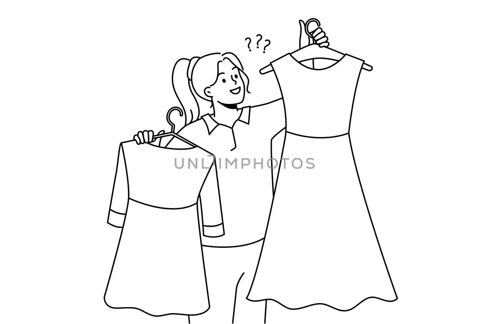 Smiling woman holding dresses on hangers choosing garment in shop or mall. Happy girl with clothes buying new collection in store. Fashion and style. Vector illustration.