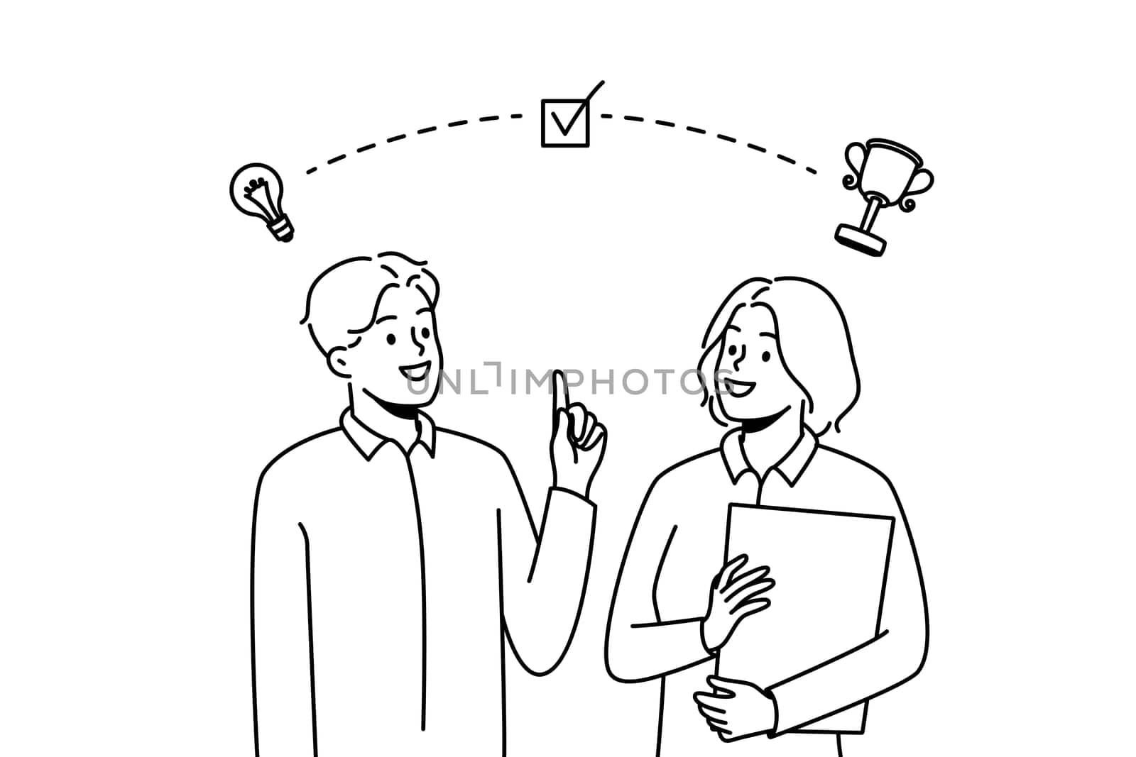 Smiling businesspeople brainstorm together for shared success or goal. Happy employees generate creative business ideas for achievement. Vector illustration.