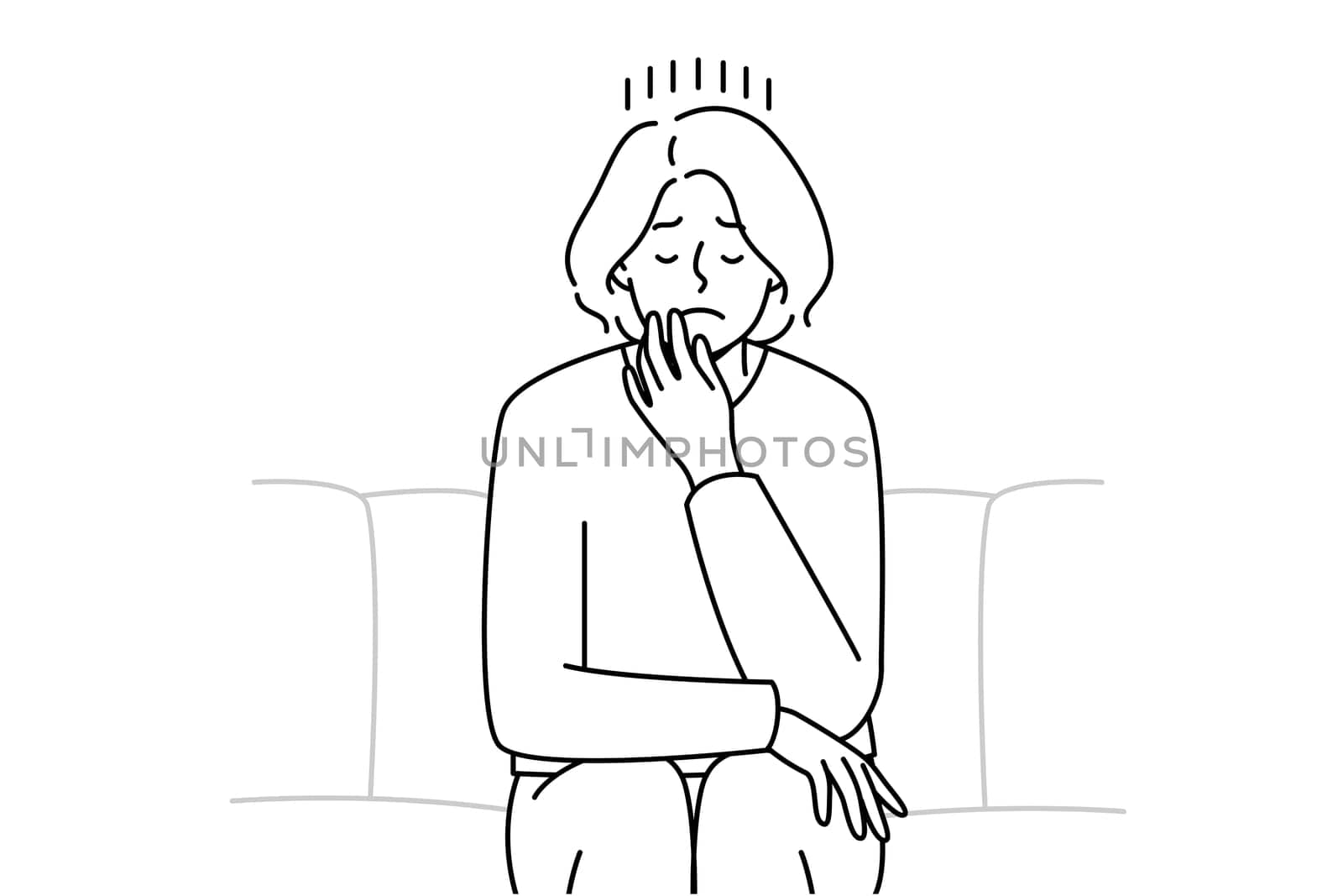 Unhappy young woman sit on couch crying suffering from depression or loneliness. Upset female distressed with solitude or breakup. Vector illustration.