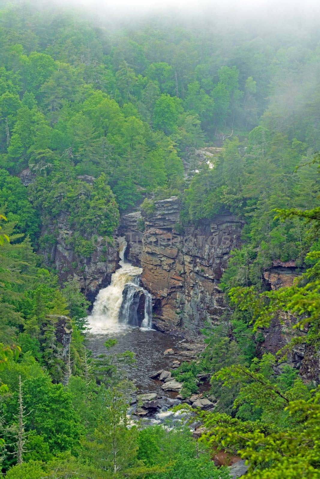 Waterfall and Rocks in a Mountain Fog at the Linville Gorge in North Carolina