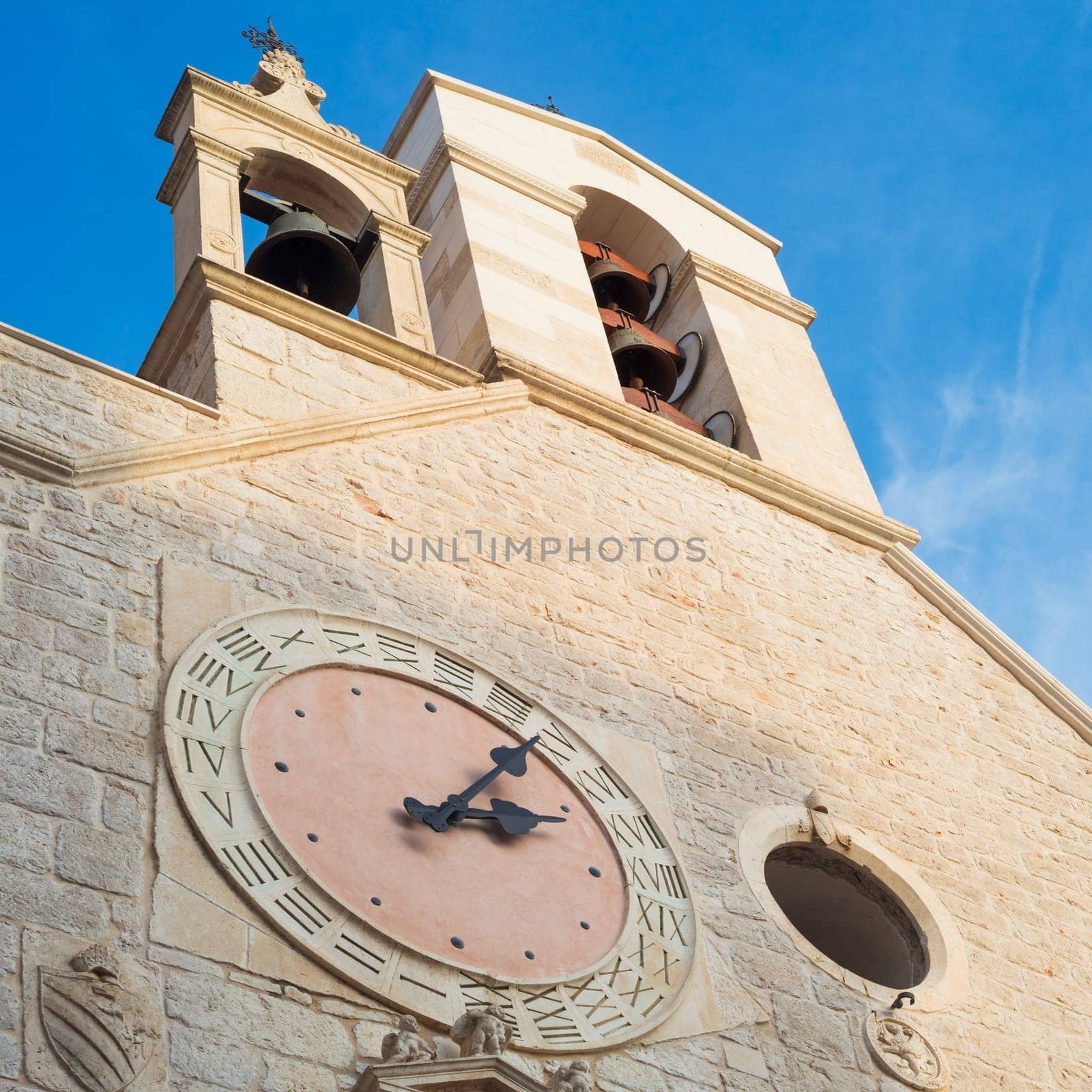 Bell tower with clock, Church of St. Barbara at Sibenik, Croatia