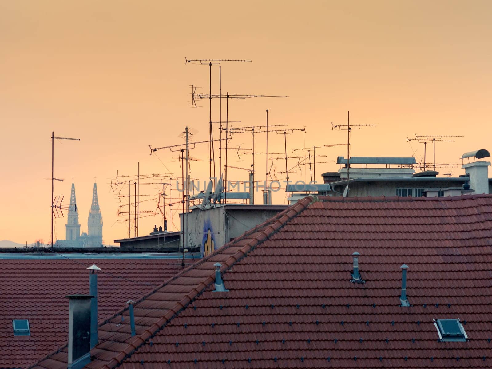 A picture of tree and tv antenna silhouettes on the roof during the sunset in Zagreb in Croatia