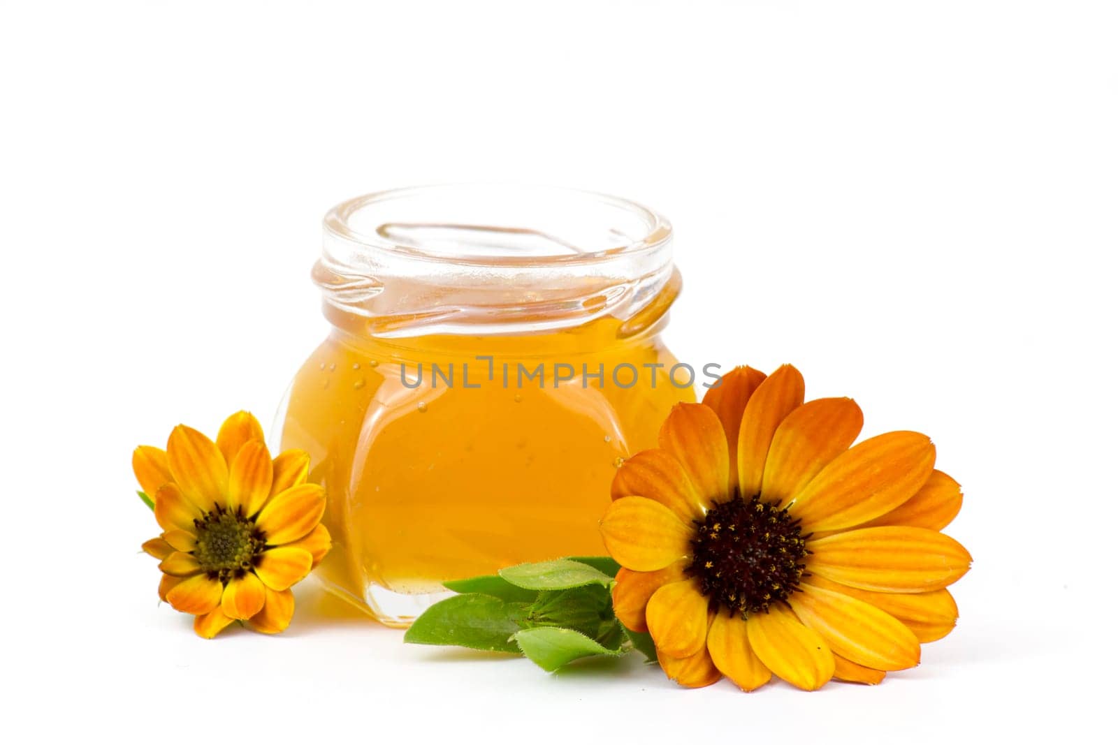 honey and flowers on white  background