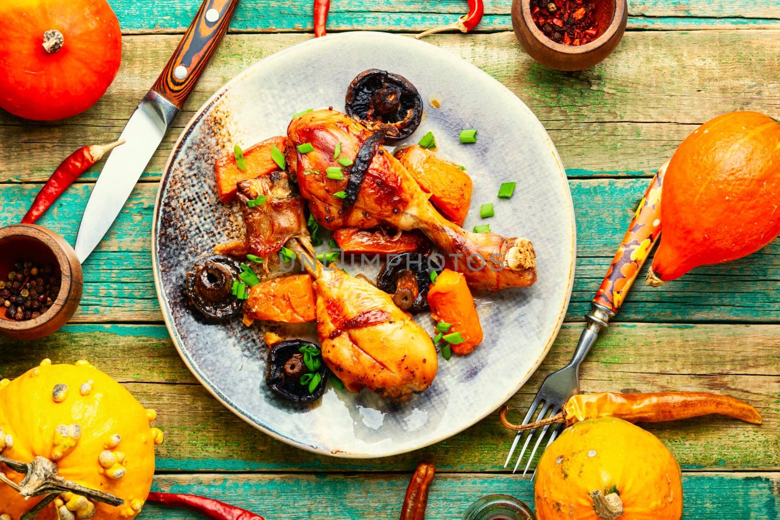 Chicken legs baked with pumpkin. Thanksgiving Day.