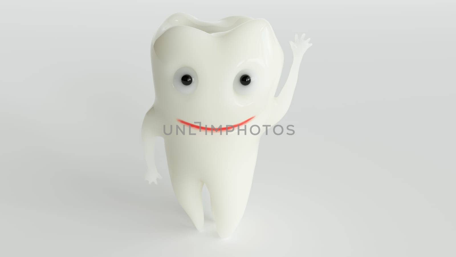 a healthy cartoon tooth waves at the camera -- 3d rendering