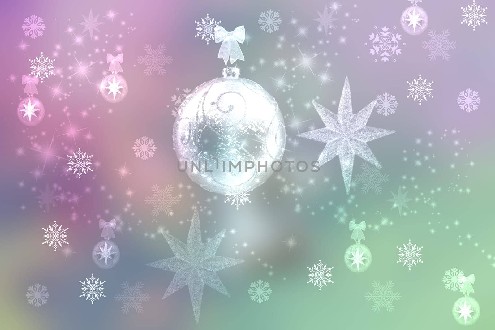 Abstract blurred festive winter christmas or Happy New Year background with shiny pink and green bokeh lighted xmas balls and stars. Space for your design. Card concept.