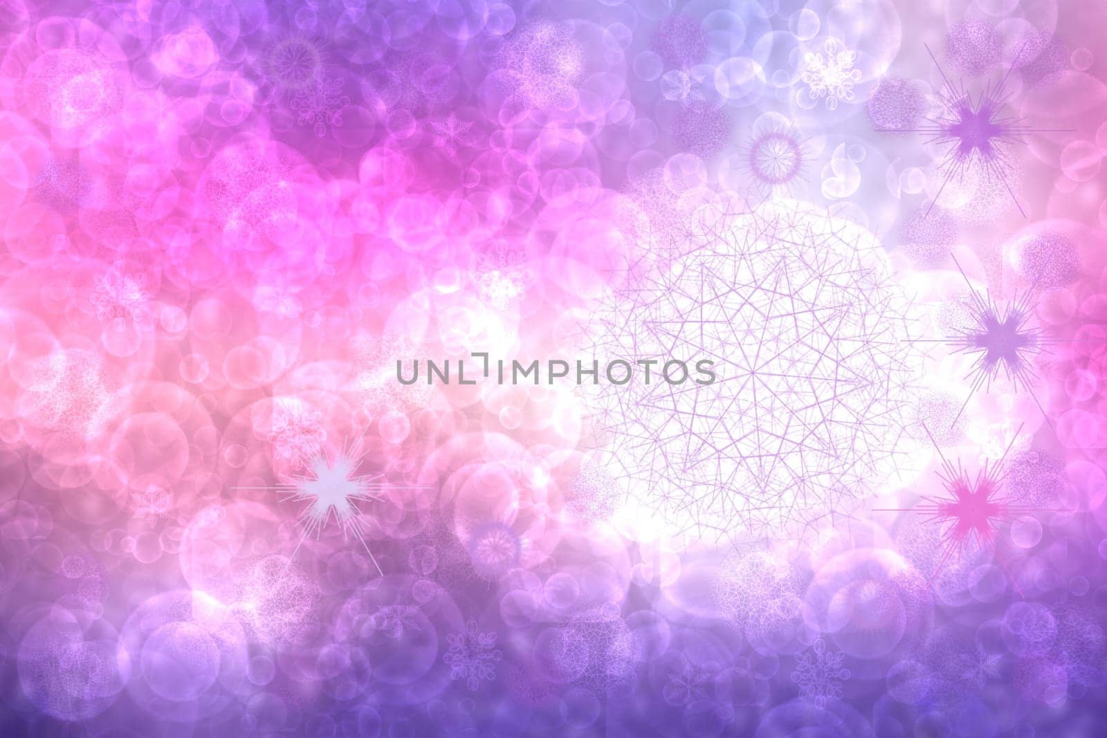 A festive abstract delicate Happy New Year or Christmas background texture with colorful pink and light violet blurred bokeh lights and stars. Space for design. Card concept or advertising.