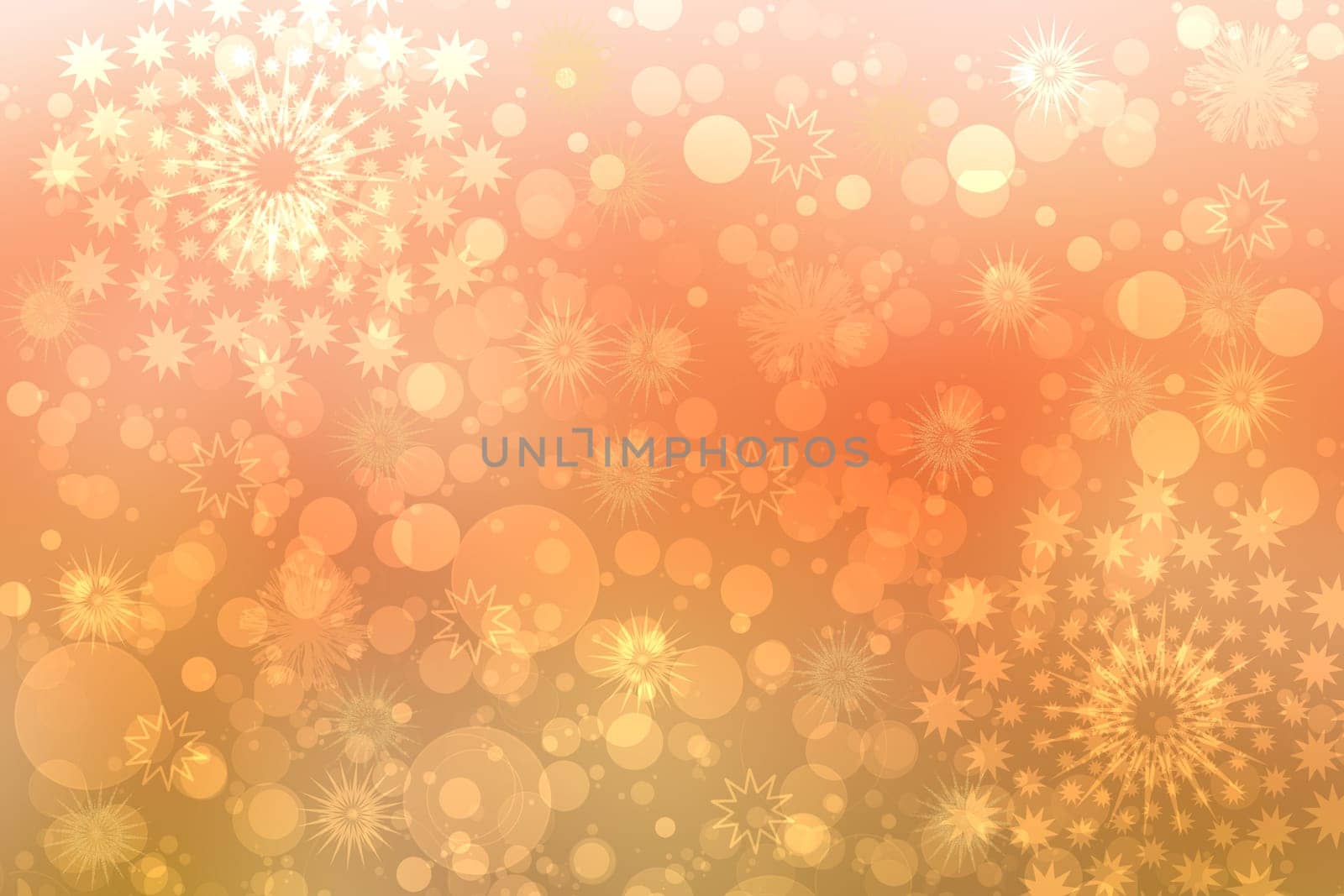 A festive abstract delicate golden gradient yellow orange background texture with glitter defocused sparkle bokeh circles and stars. Card concept for Happy New Year, party invitation, valentine or other holidays.