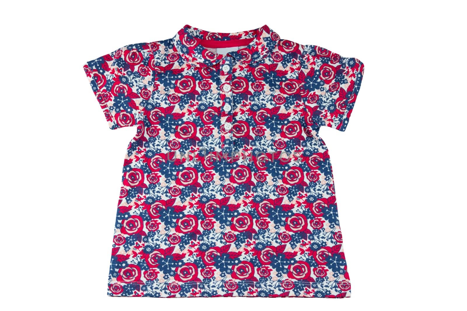 Children clothes. Fashionable little girl short-sleeved shirt with floral print isolated on a white background. Clippig path. Kids baby colorful T-shirt with red roses pattern.
