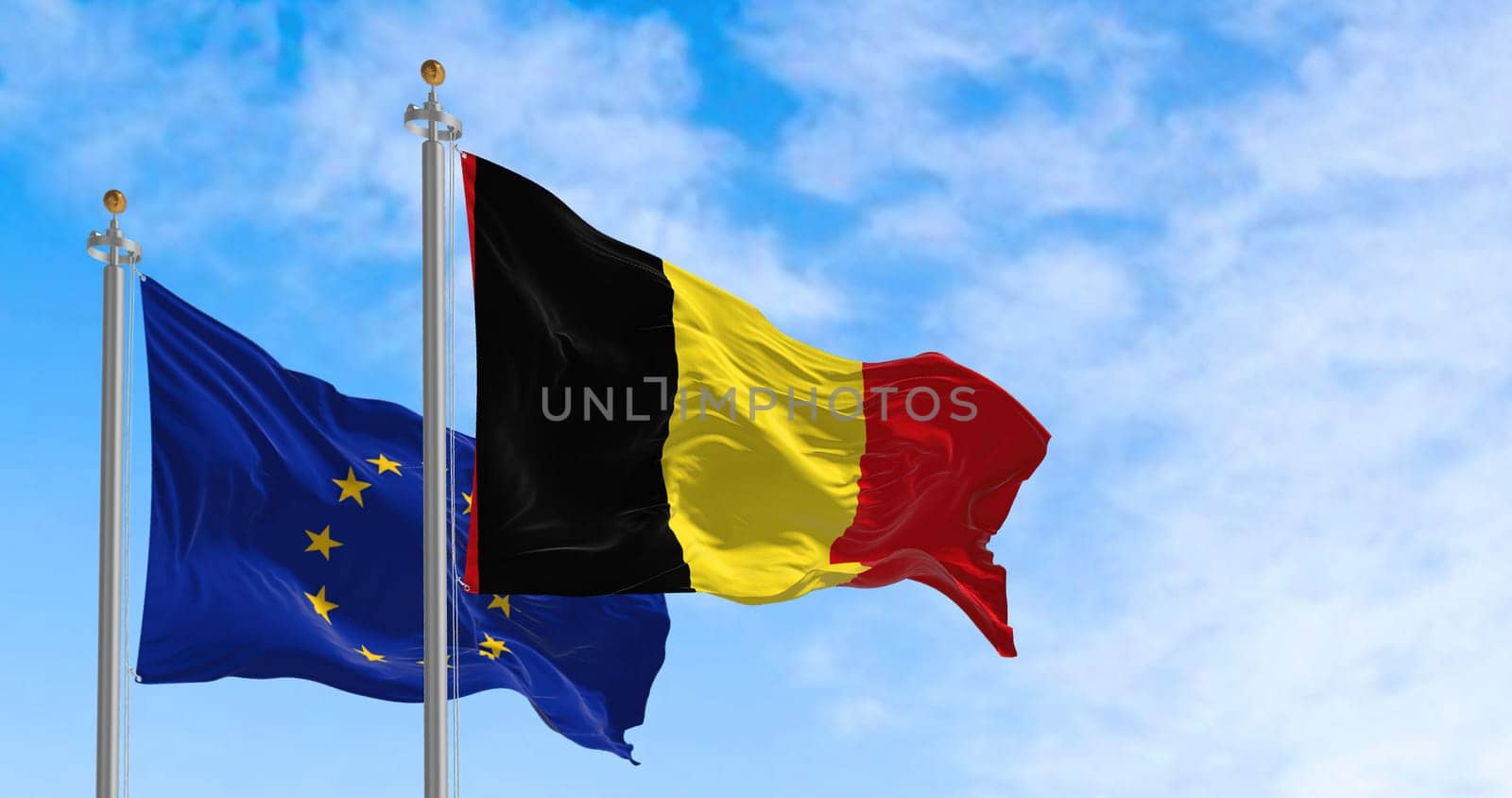 the flags of Belgium and the European Union waving in the wind on a sunny day. Democracy and politics. European country. Seamless loop in slow motion. 3D render