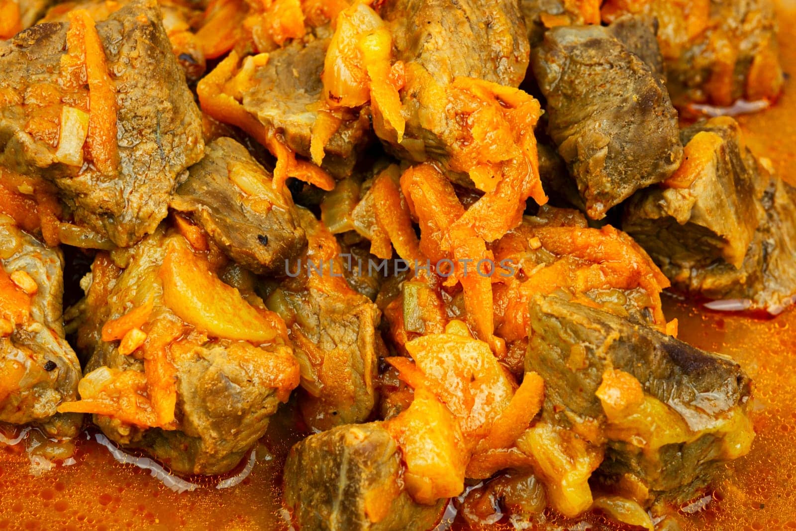 Cooked beef goulash. Meat dish. Hungarian traditional meal. Top view