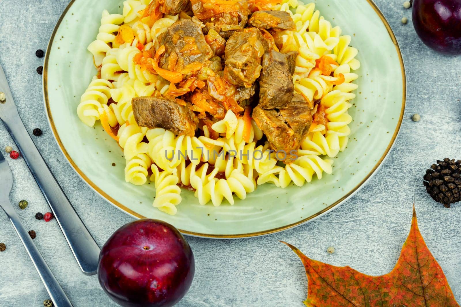 Cooked beef goulash. Meat dish. Hungarian traditional meal. Top view