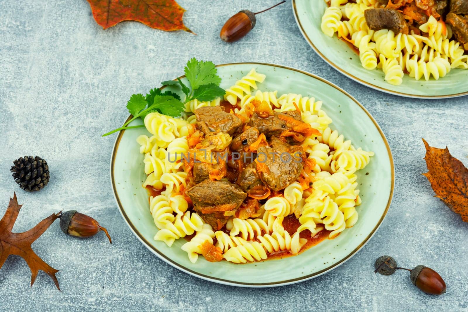 Cooked beef goulash. Meat dish. Hungarian traditional meal. Top view