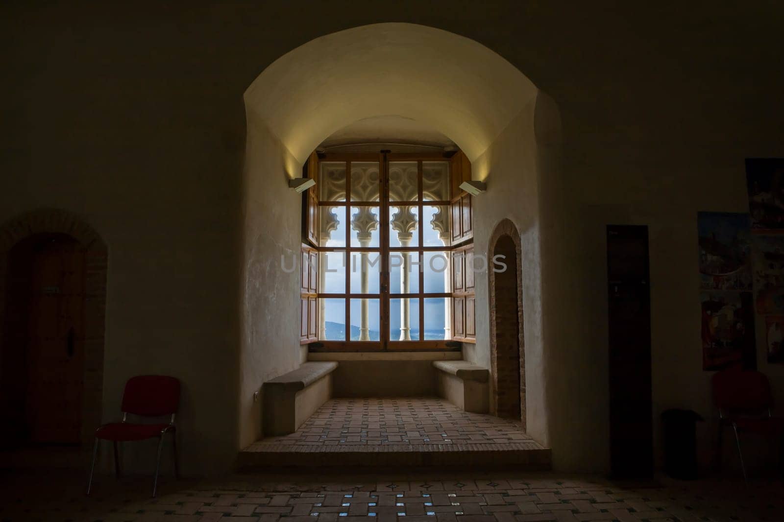 Feria, Spain - March 24th, 2013: Tower of homage window, Castle of Feria, Badajoz, Extremadura, Spain