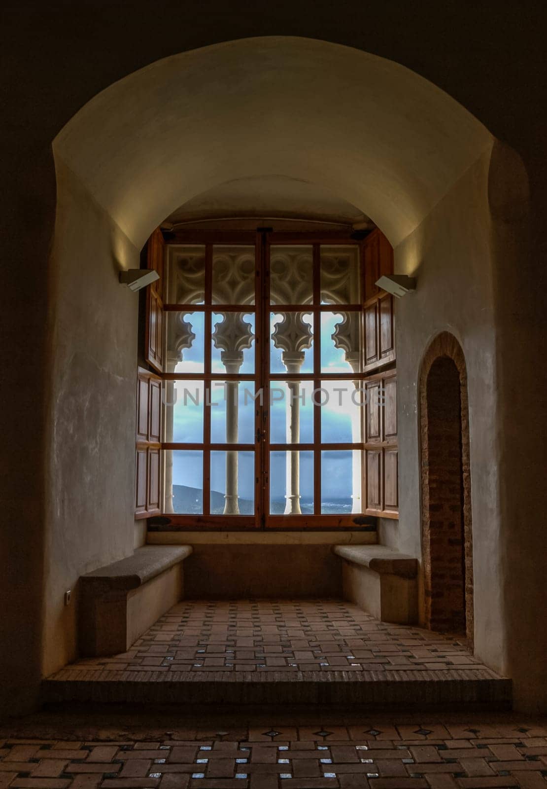 Feria, Spain - March 24th, 2013: Tower of homage window, Castle of Feria, Badajoz, Extremadura, Spain