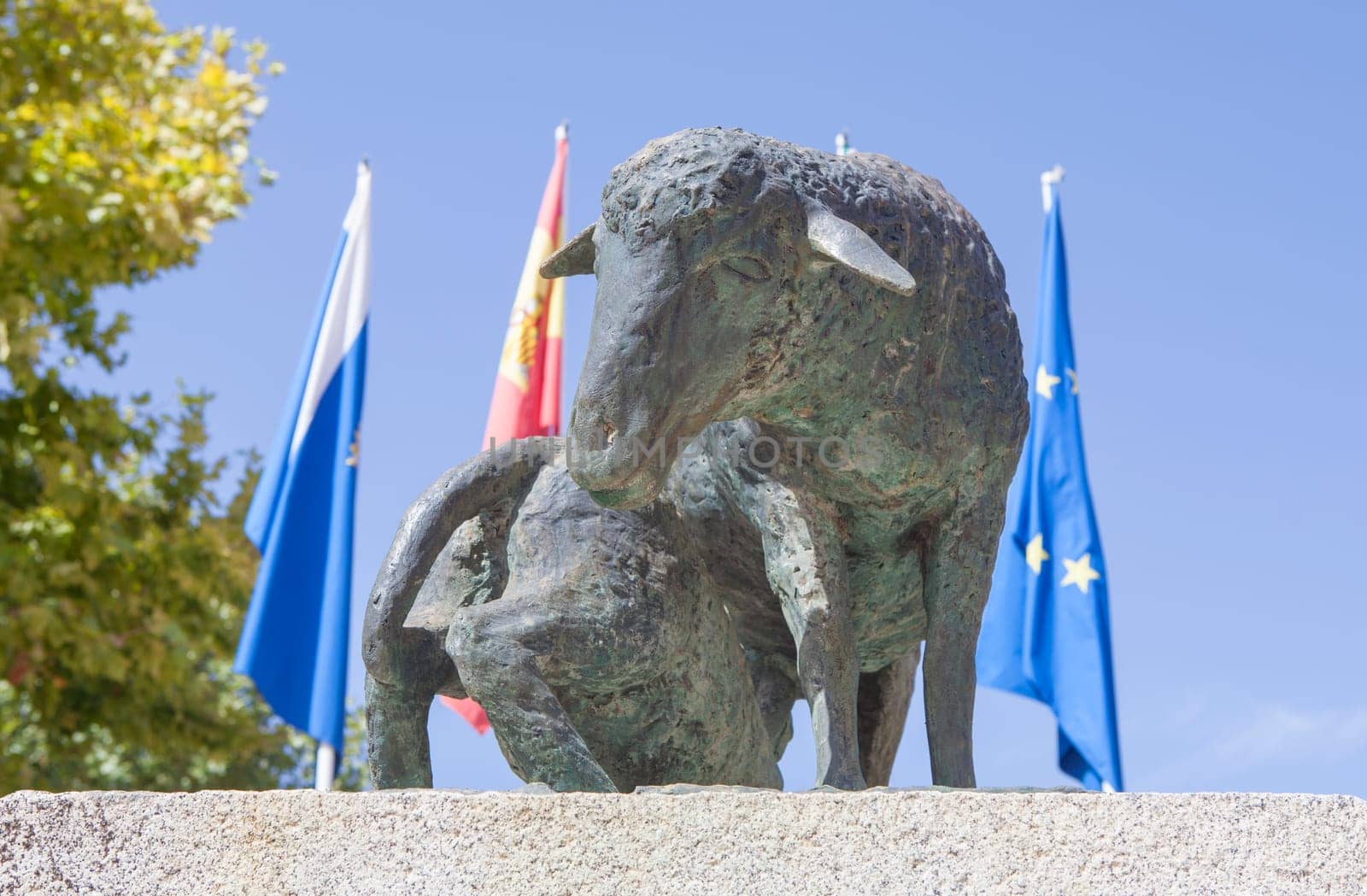 Zafra, Spain - Oct 10th, 2022: Zafra International Livestock Fair. Monument to merina sheep race, 1983. Unknown artist