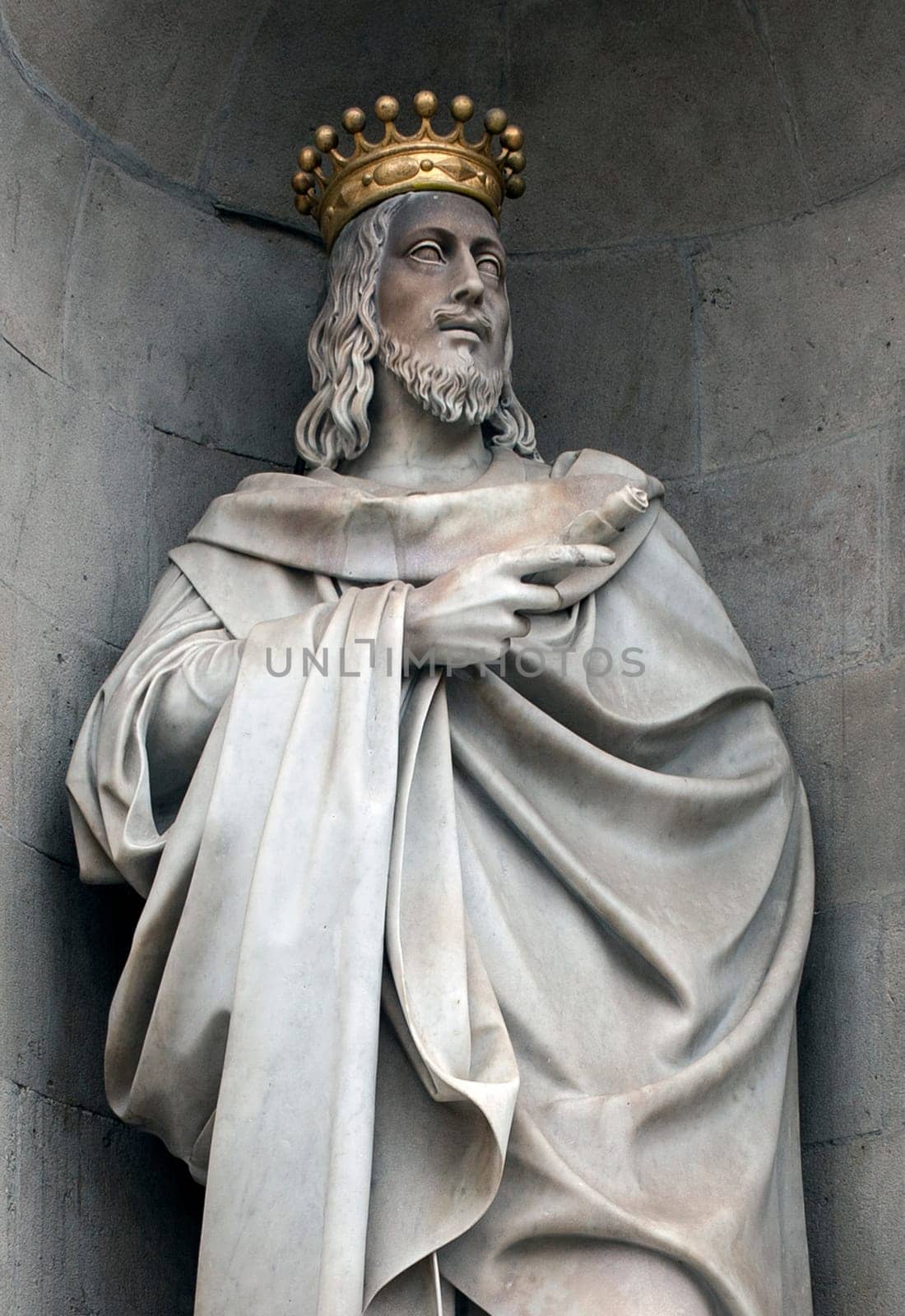 Barcelona, Spain - Dec 29th 2019: King James I the Conqueror. Exterior statue at Barcelona City Hall Building. Catalonia, Spain. Esculpted by Jose Bover