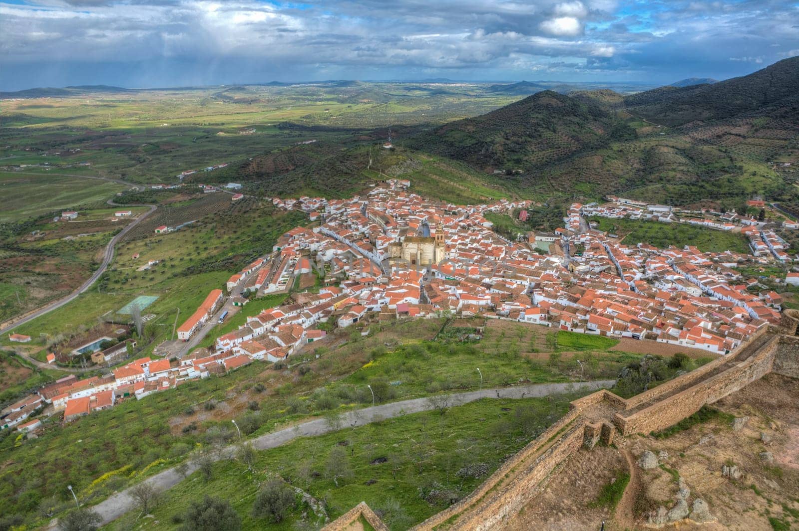 Feria village overview, Badajoz, Spain. View from castle