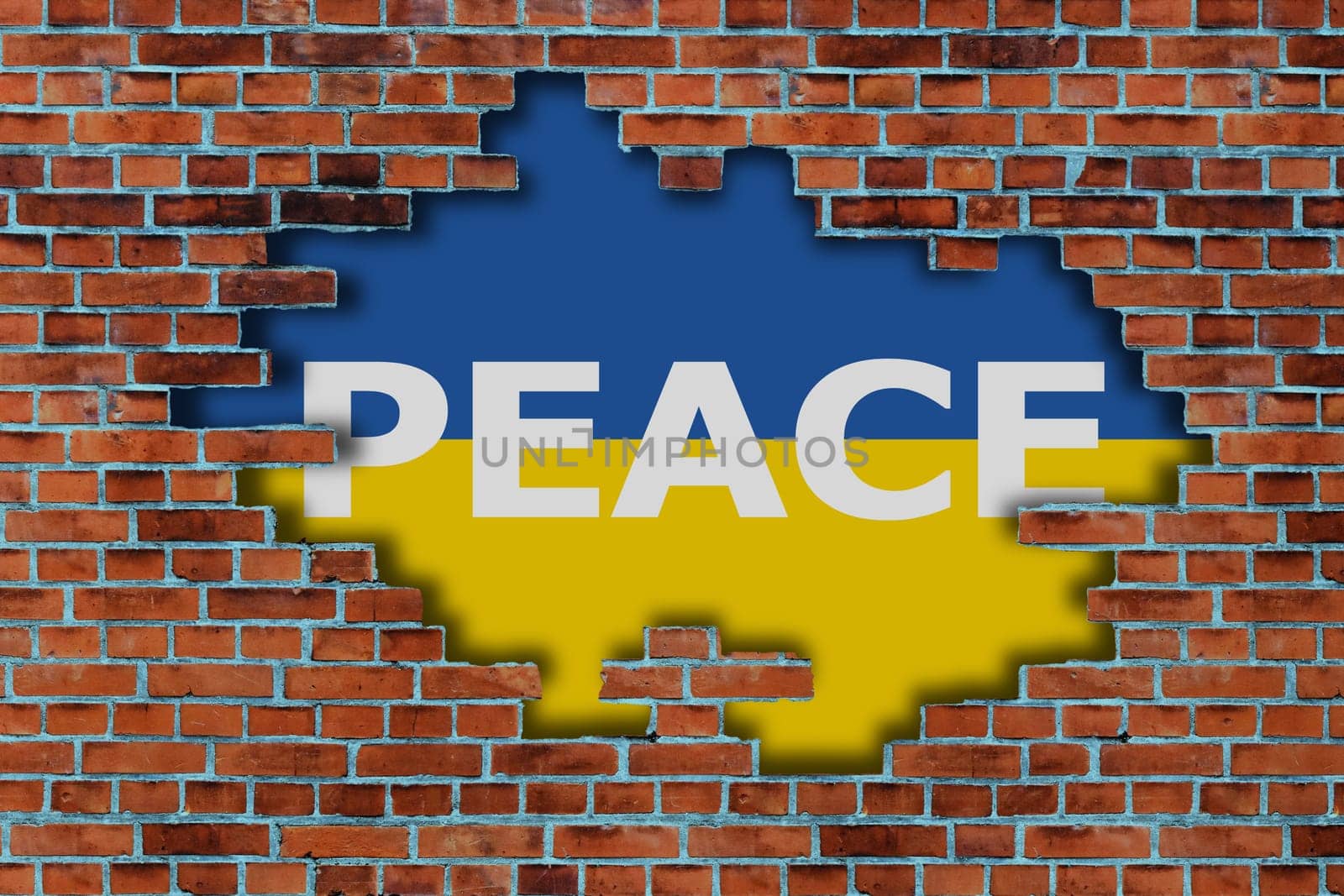 3D Flag of Ukrainian behind the broken old stone wall, the concept of peace in Ukraine. Stop world war.