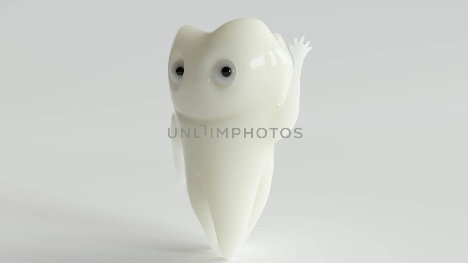 a healthy cartoon tooth waves at the camera -- 3d rendering
