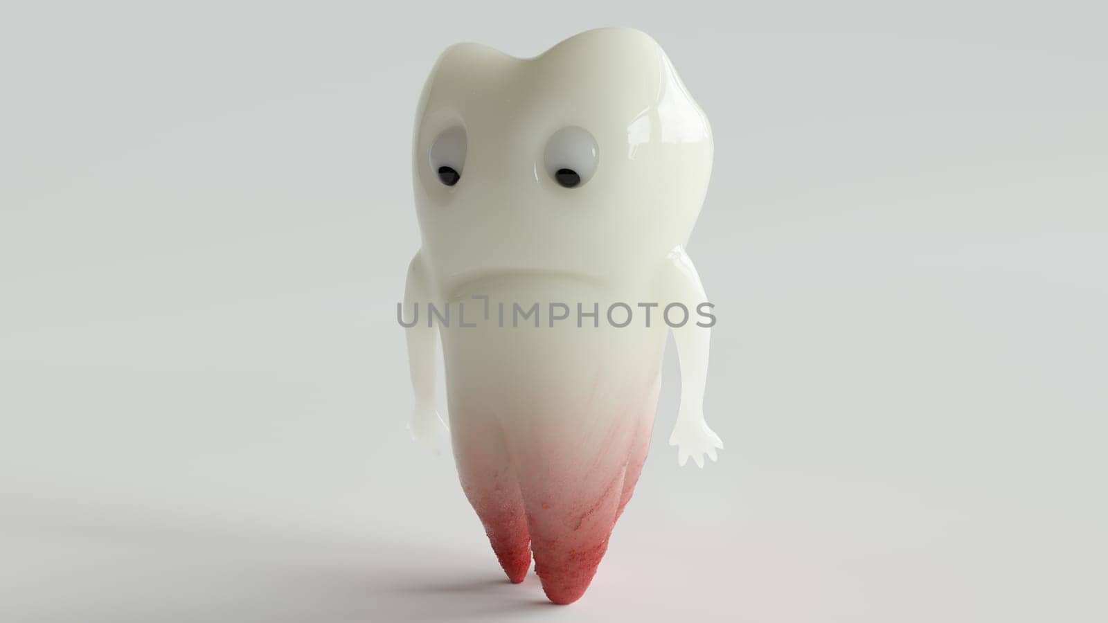 An unhappy cartoon tooth looks at his tooth root infection -- 3D Rendering