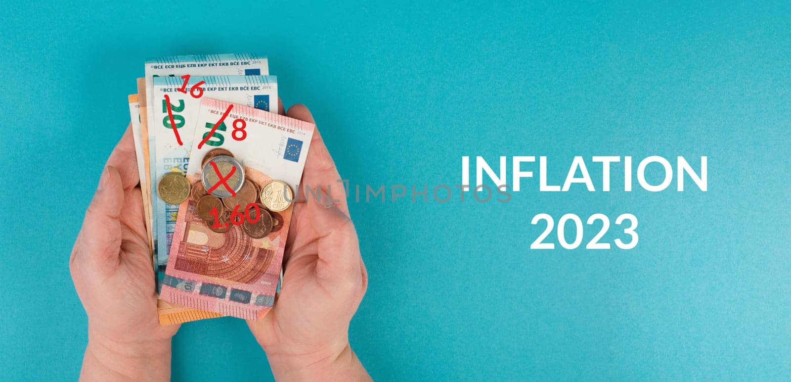 Inflation, financial crash, euro banknotes, economy development and increasing prices, high living costs