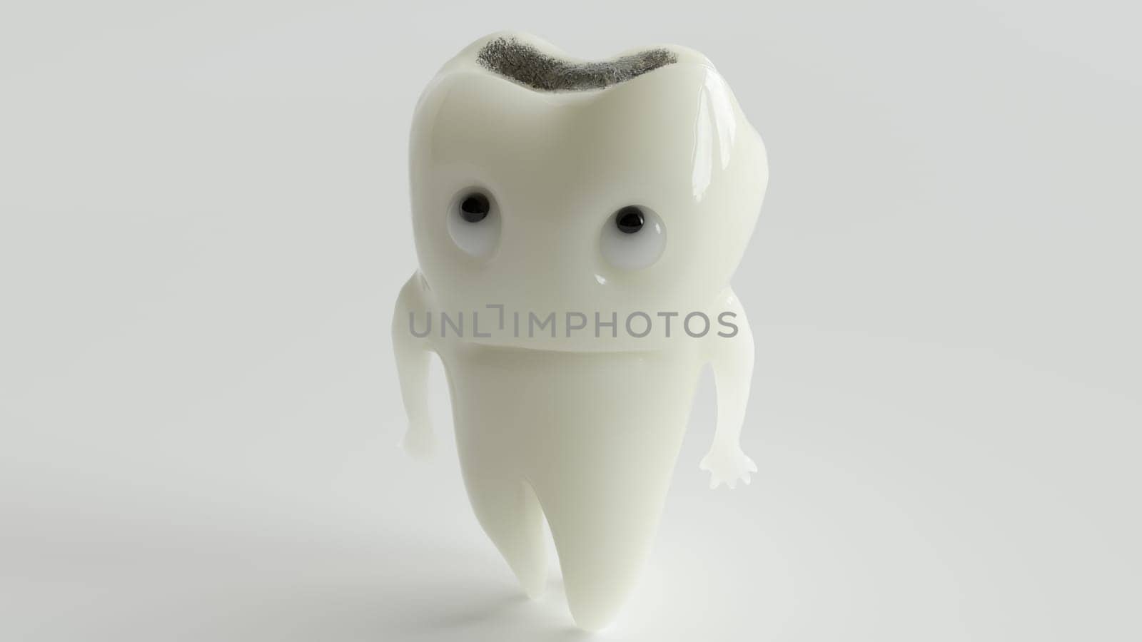 An unhappy cartoon tooth looks at his caries disease -- 3D Rendering