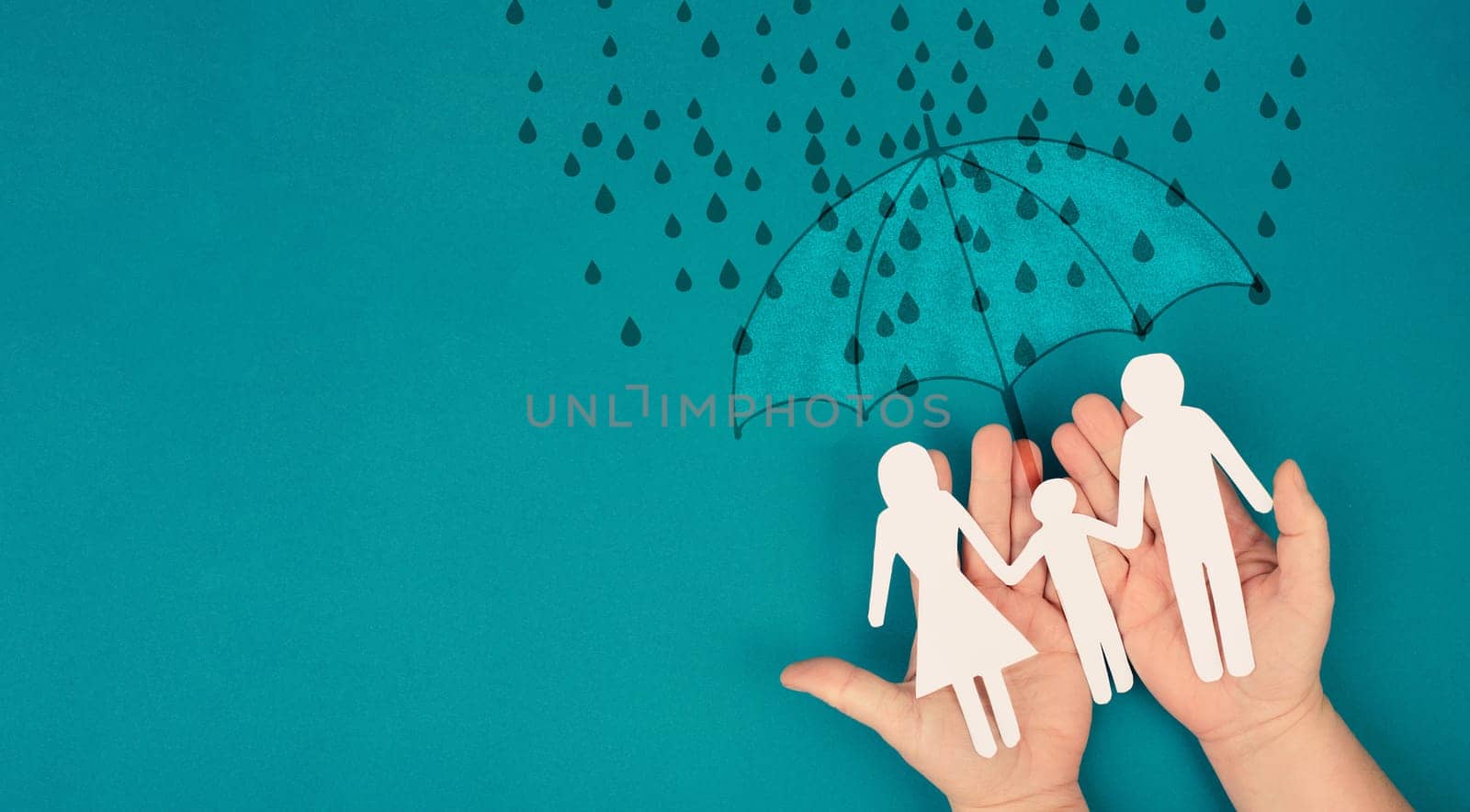 Umbrella protects family from difficult problems, help and support, social issue, insurance business