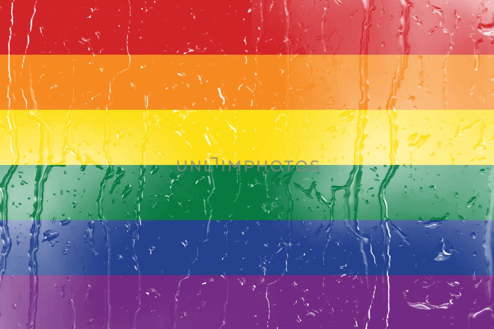 3d illustration LGBTQ rainbow flag on a glass with water drop background. Freedom and love concept. Activism, community and freedom Concept.