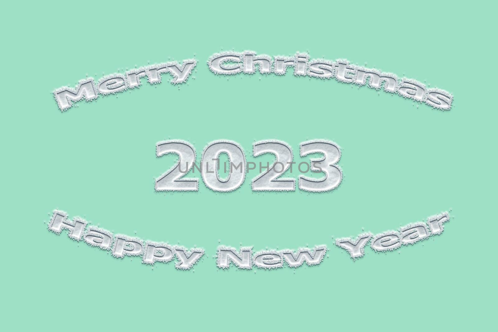 3D illustration New Year concept 2023 design with text snow design on a beach glass color background.