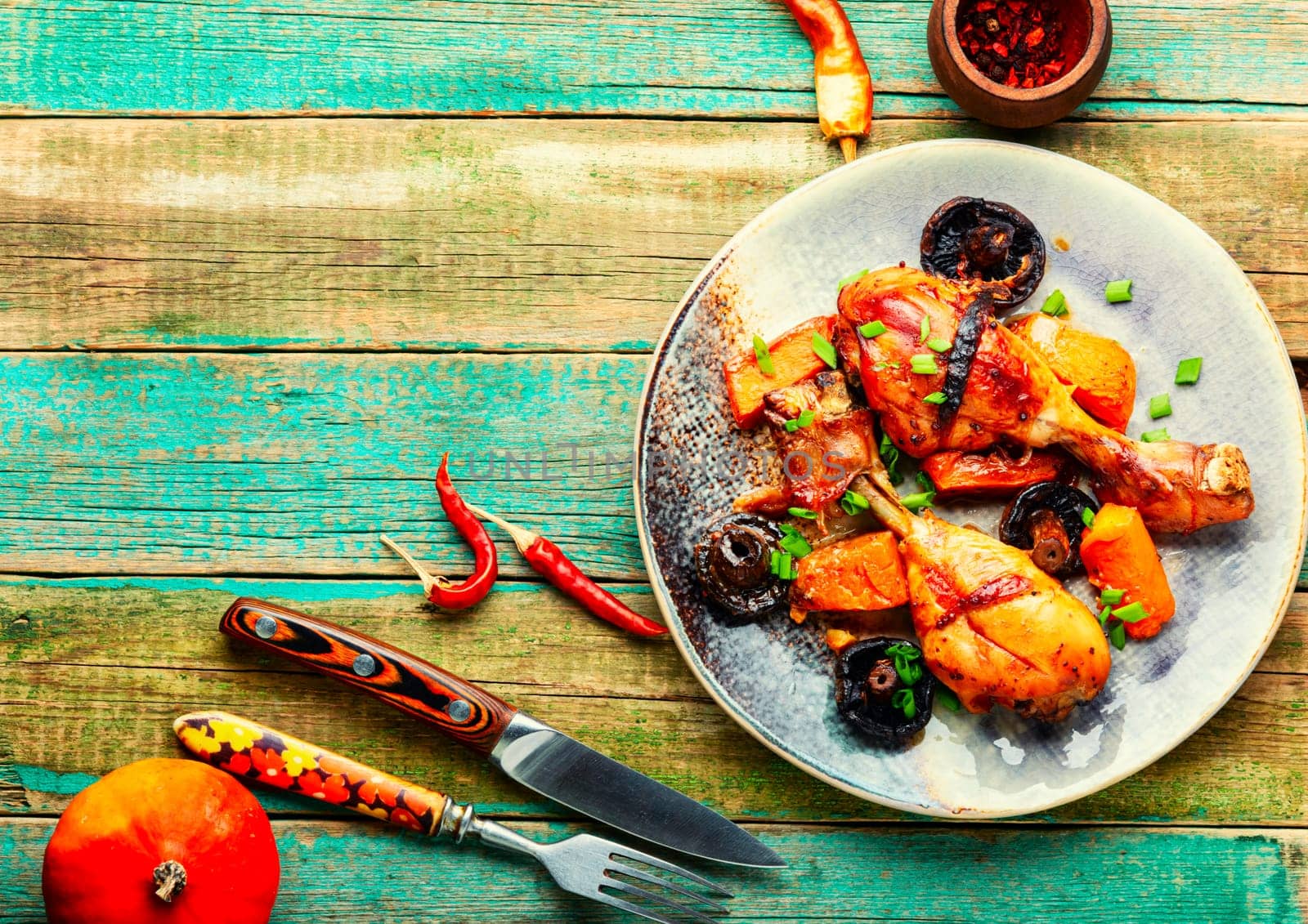 Chicken drumsticks baked with pumpkin on the plate. Copy space
