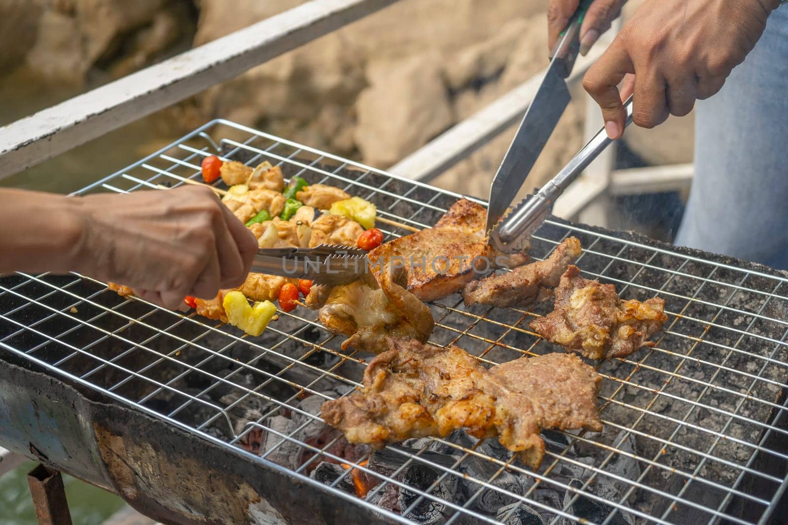 Burning meat on the grill cookout steak