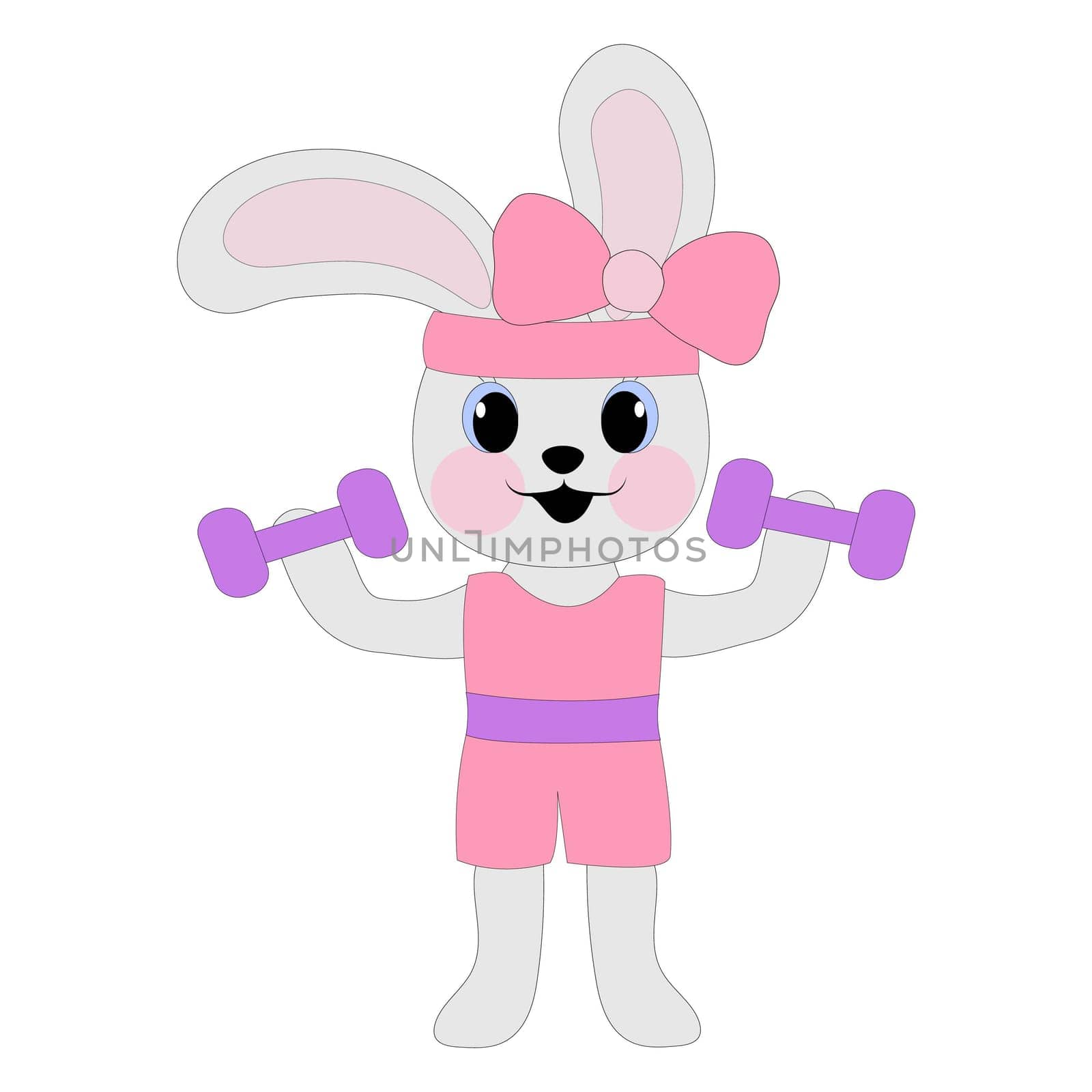 A bunny girl in a pink T-shirt, shorts and a bandage on her forehead goes in for sports with dumbbells in her paws. Symbol of 2023. The concept of a healthy lifestyle. Coloring book for children. Vector image.