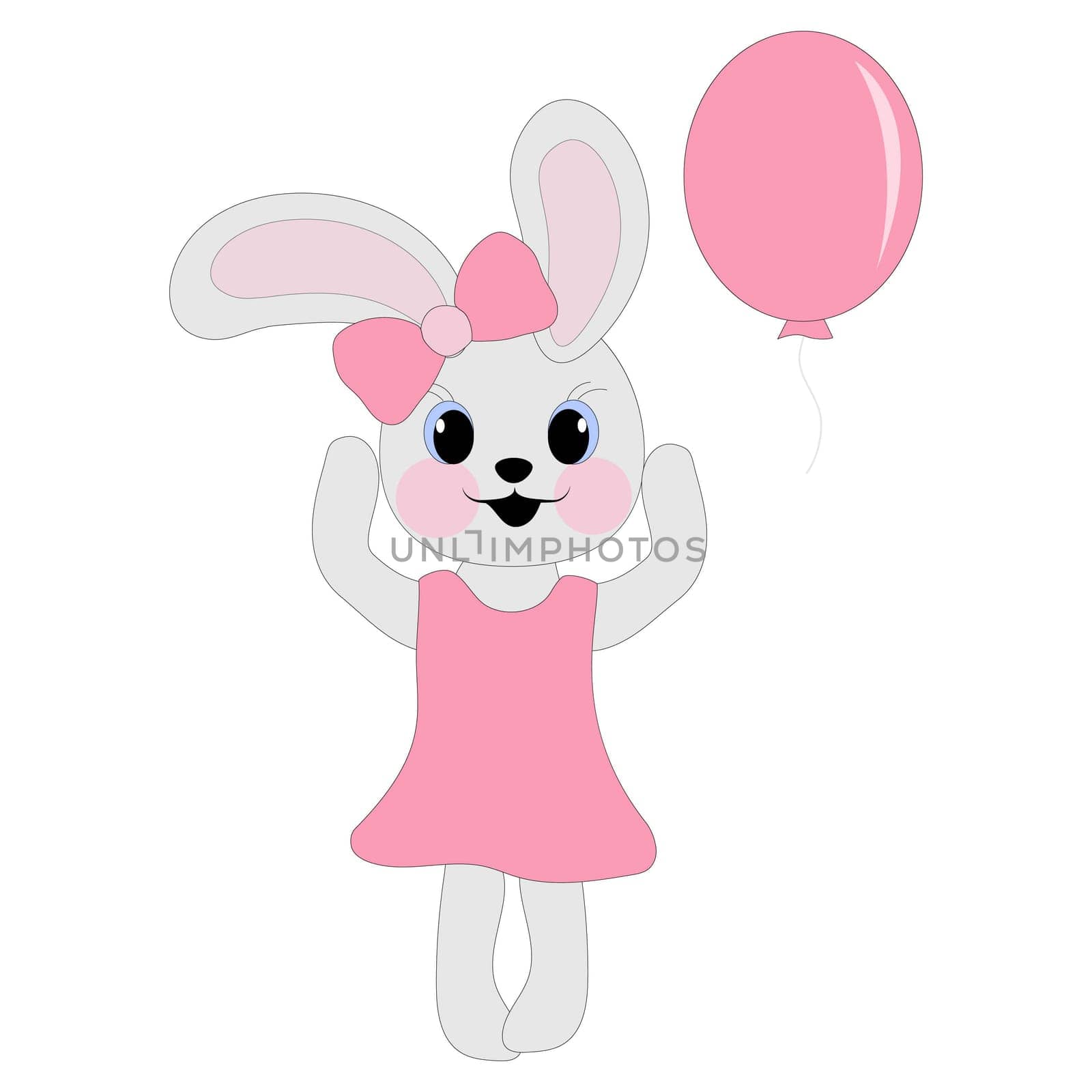 Bunny girl in a pink dress and a bow with a balloon on a white background. Symbol of 2023. Vector illustration.