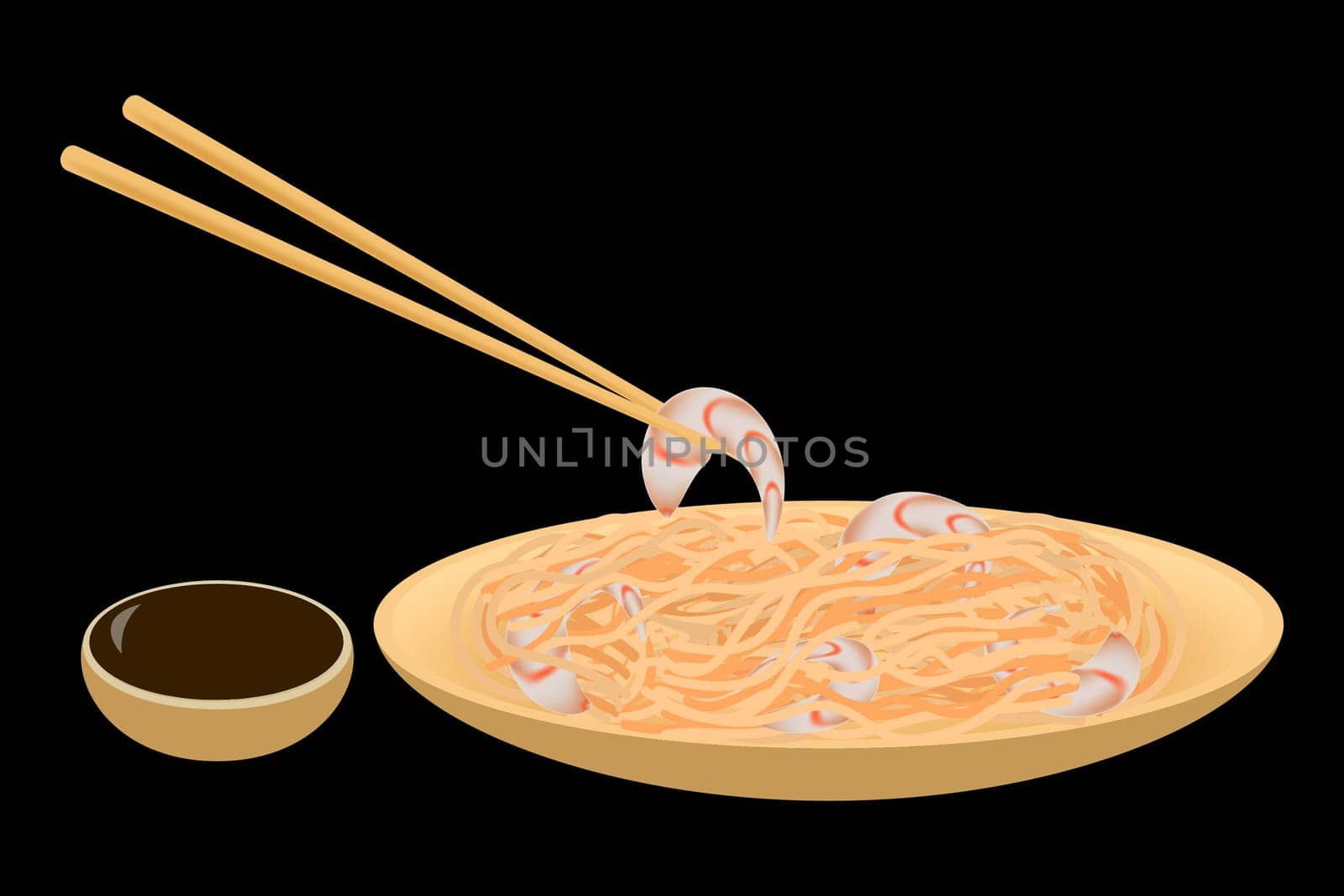 Wok noodles with shrimps in a bamboo plate with chopsticks and soy sauce on a black background. Vector image.