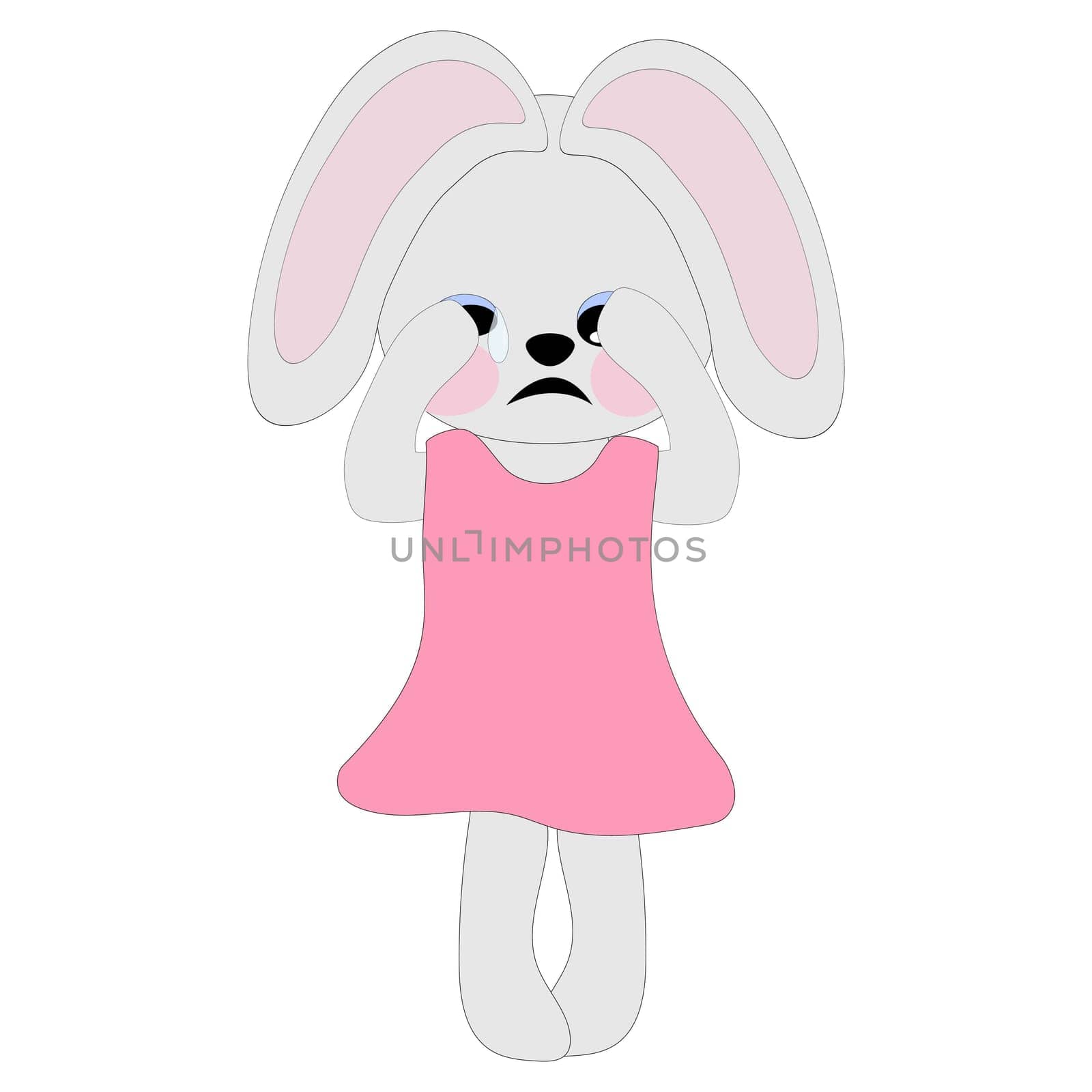 A bunny girl in a pink dress cries, covering her muzzle with her paws. Symbol of 2023. Coloring book for children. Vector image.