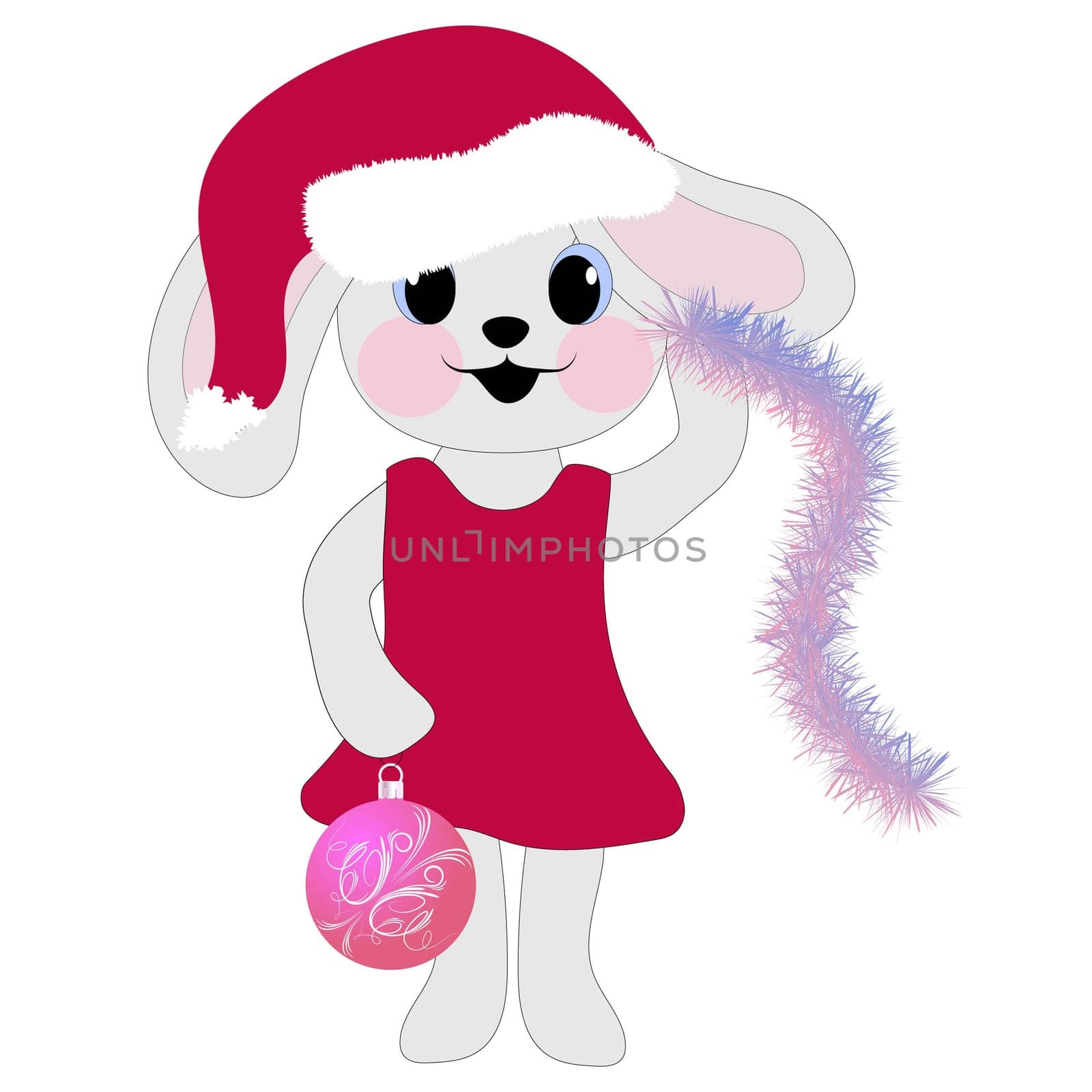 Bunny girl in a pink dress and a bow with a balloon on a white background. Symbol of 2023. Vector illustration.