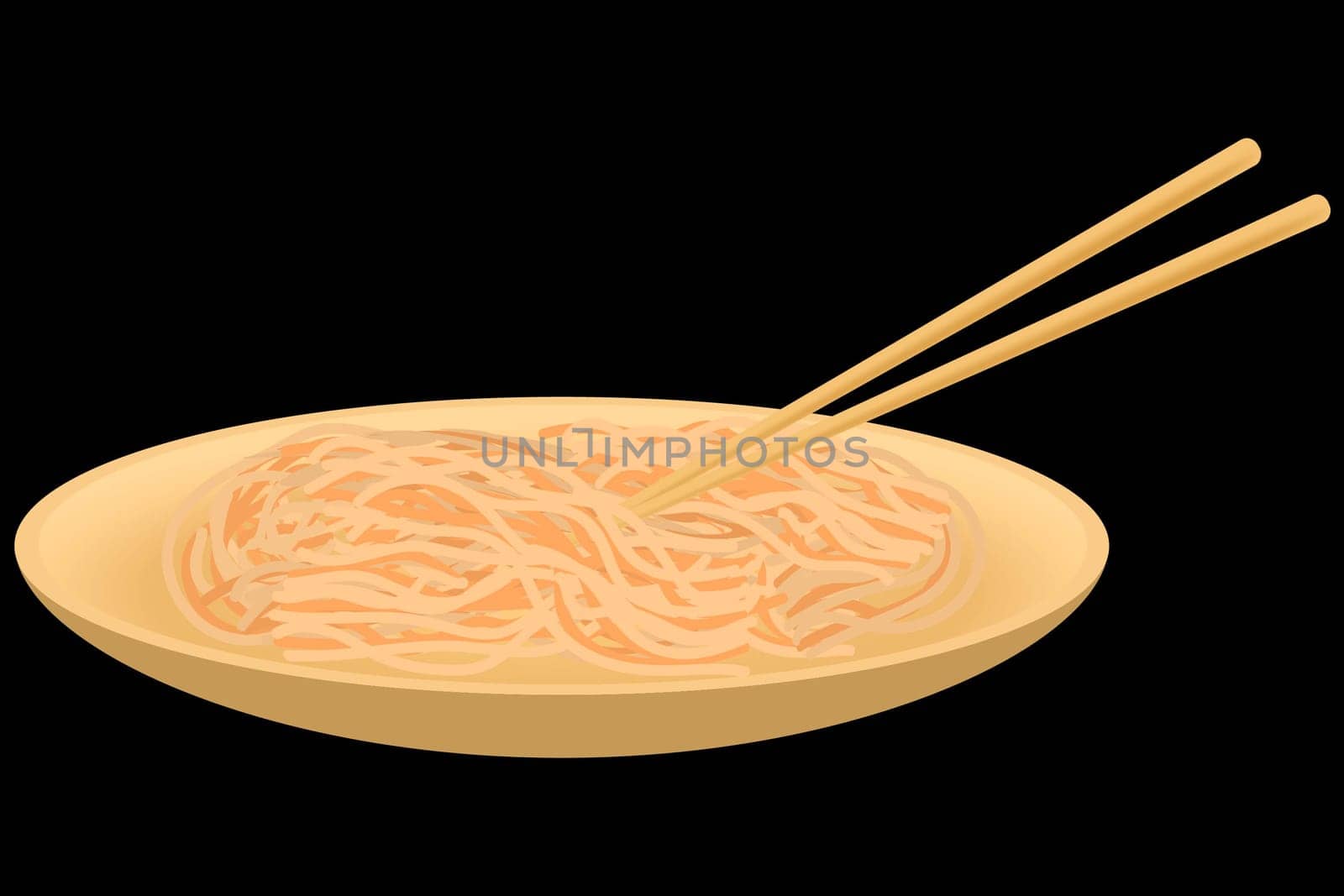 Wok noodles in a bamboo plate with chopsticks on a black background. Vector image.