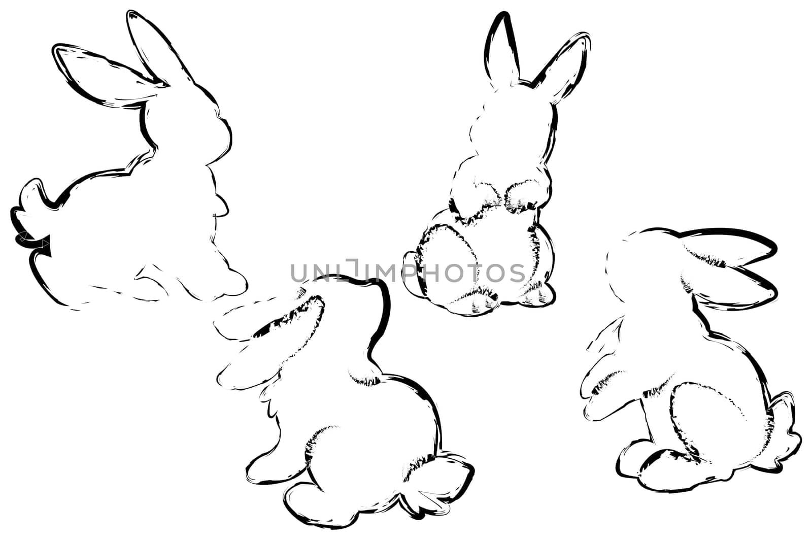 Silhouettes of four rabbits in grunge style on a white background. Symbol of 2023. Coloring book for children. Vector image.