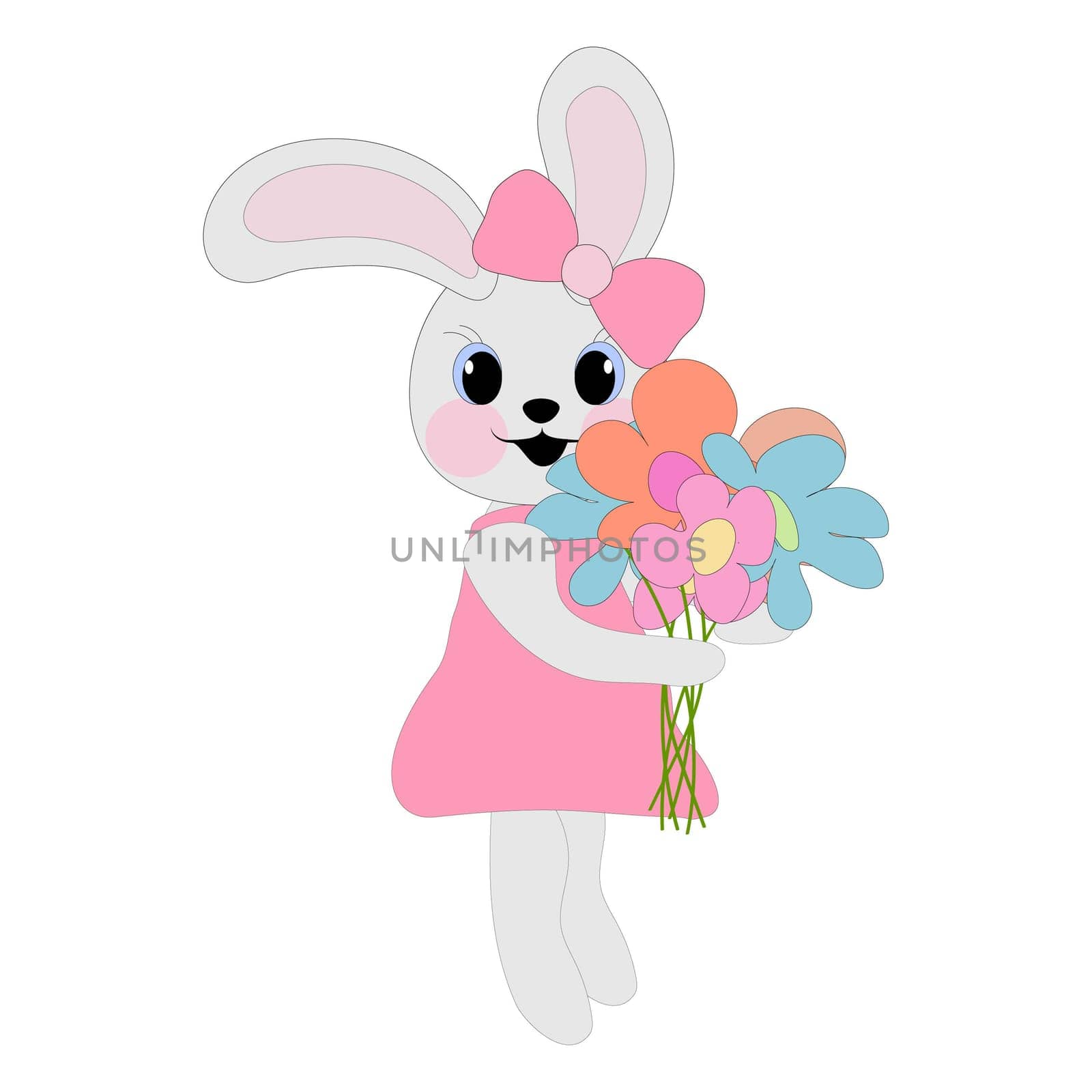 Bunny girl in a pink dress holding flowers in her paws. Symbol of 2023. Easter concept. Coloring book for children. Vector image.