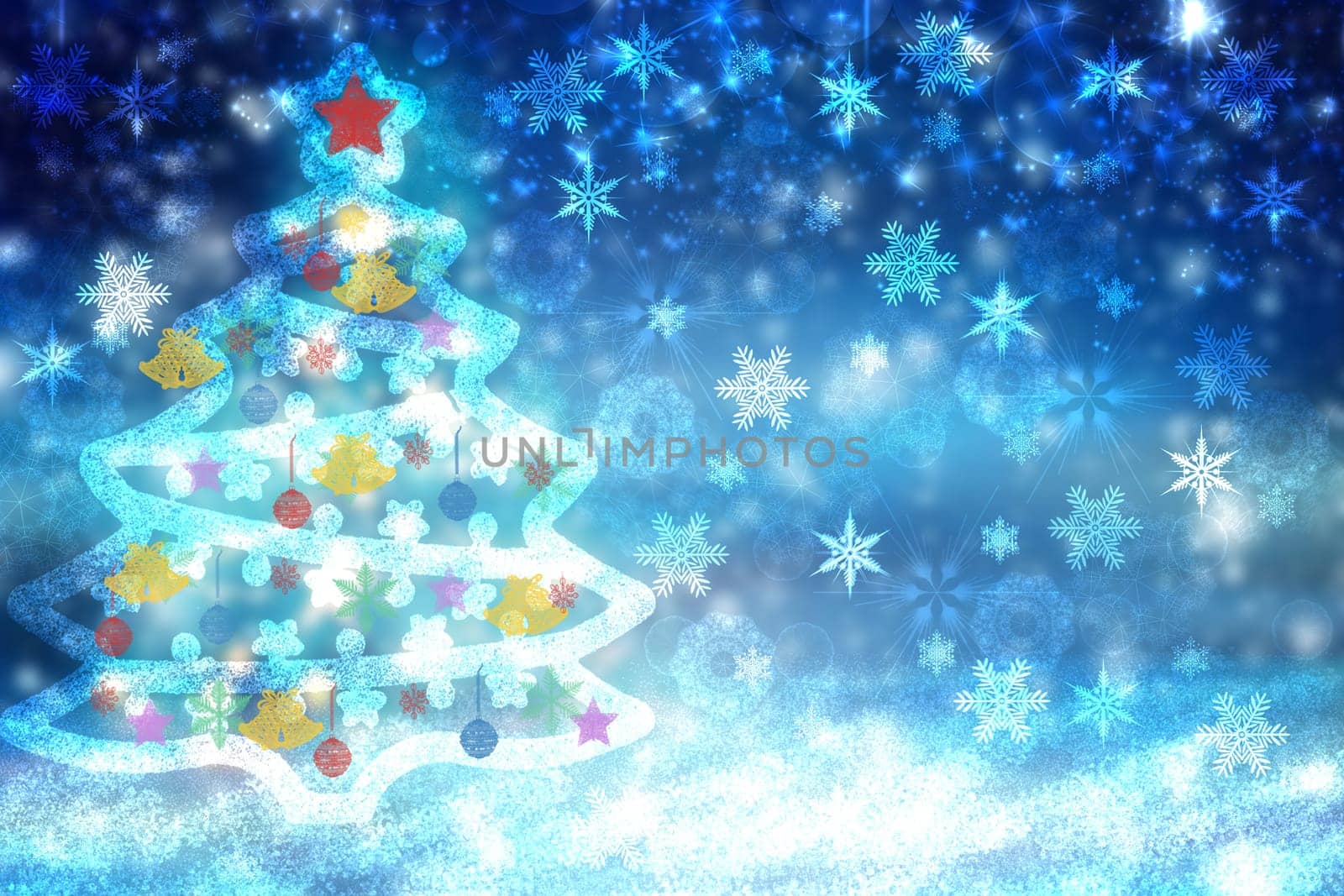 Abstract christmas tree background. Abstract blurred festive winter christmas or Happy New Year background with shiny blue and white bokeh lighted snow lights. Space. Card concept.