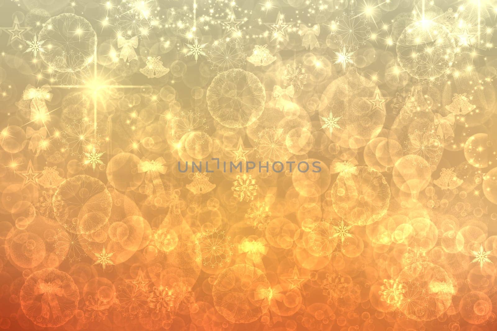 A festive abstract delicate golden gradient yellow orange background texture with glitter defocused sparkle bokeh circles and stars. Card concept for Happy New Year, party invitation, valentine or other holidays.