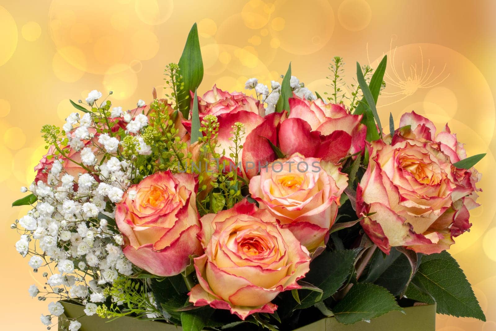 Closeup of a beautiful bouquet of red yellow roses in a decorative green gift box isolated on a white background. Macro. Valentine, Wedding or other holidays.