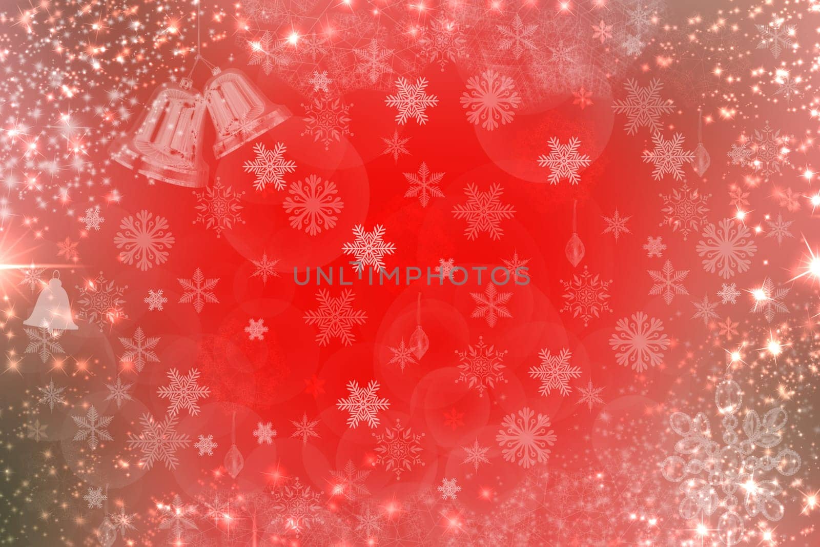 A festive abstract gradient red pink  background texture with glitter defocused sparkle bokeh stars and bells. Card concept for Happy New Year, party invitation, valentine or other holidays.