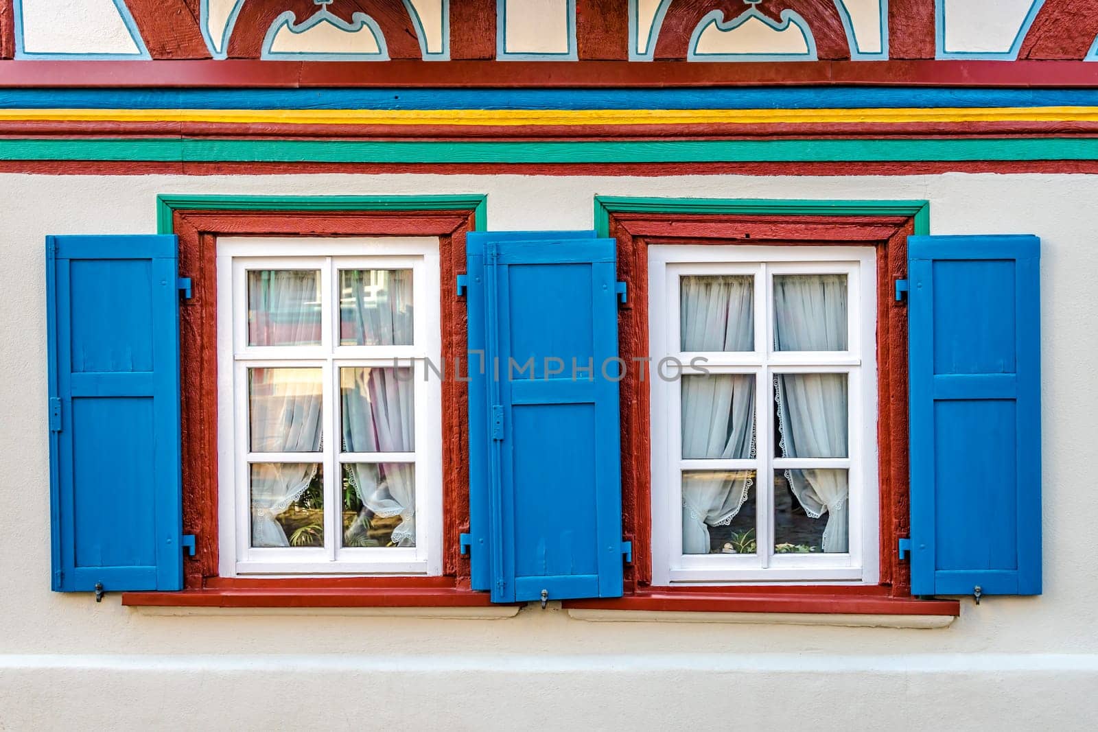 Historic half timbered house facade with windows in the idyllic little Town Idstein Hesse Germany.