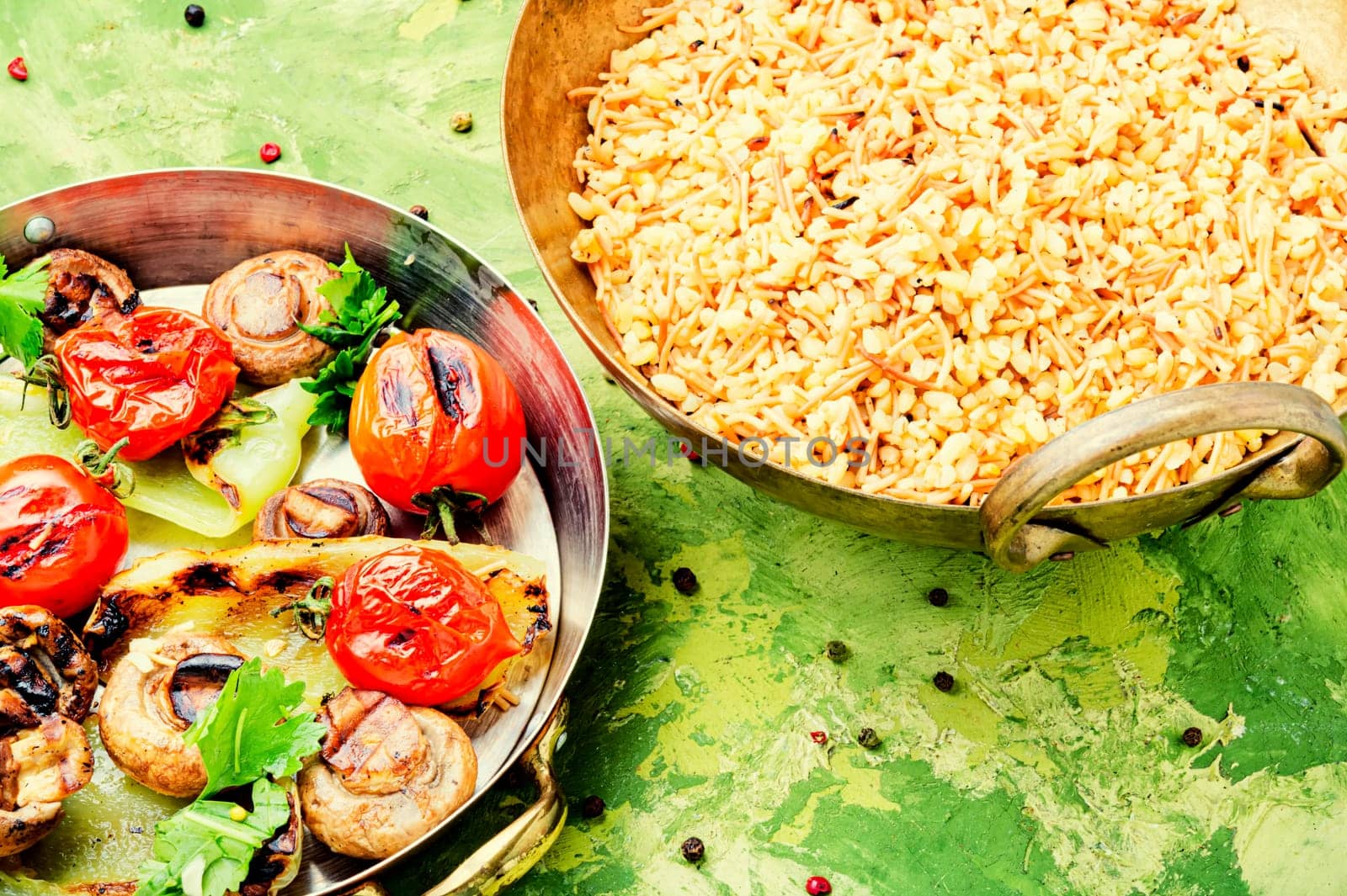 Grilled tomato, bell pepper and grilled mushroom lunch with rice for garnish