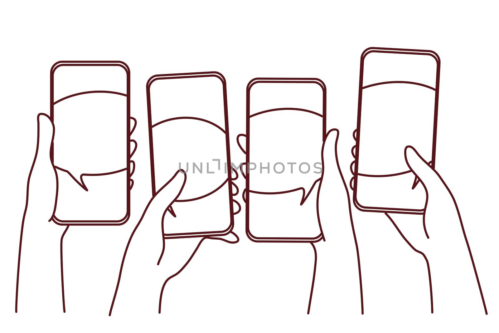 Hands of people holding smartphones with sale announcement or notification on screen. Concept of seasonal promotion and discount and online shopping. Vector illustration.