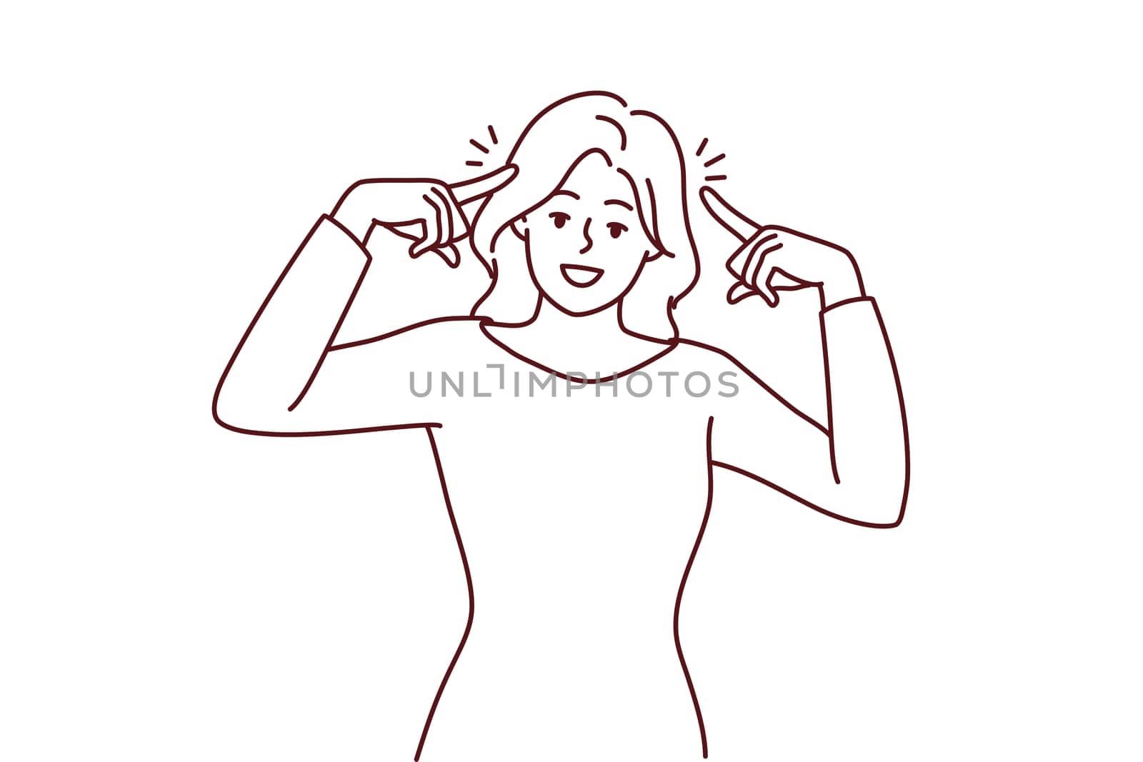 Smiling woman point at herself feeling successful and confident. Happy female show at head with fingers generate ideas. Vector illustration.