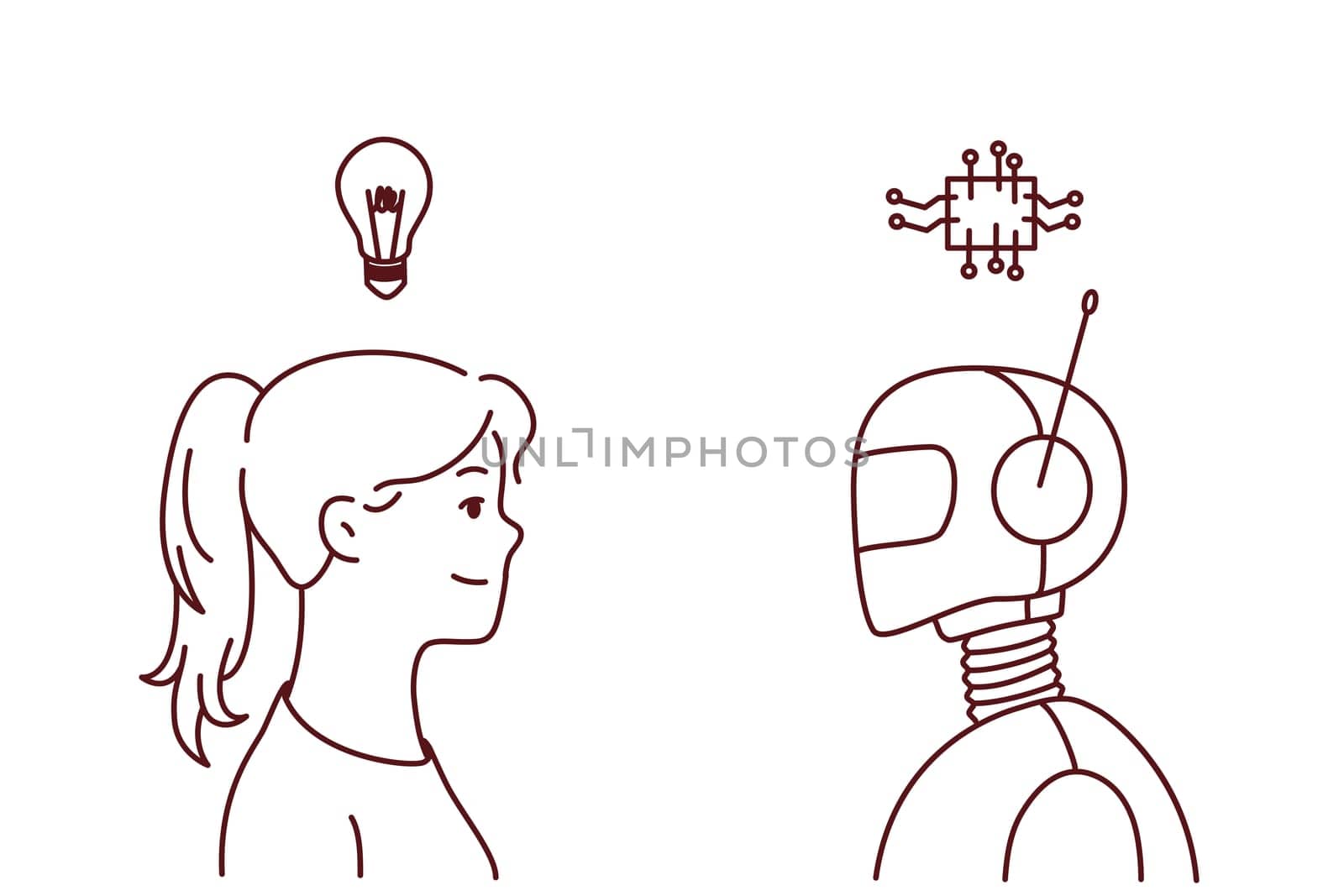 Young woman with lightbulb above head and robot exchange thoughts generate ideas. Concept of artificial intelligence and human intellect. Vector illustration.